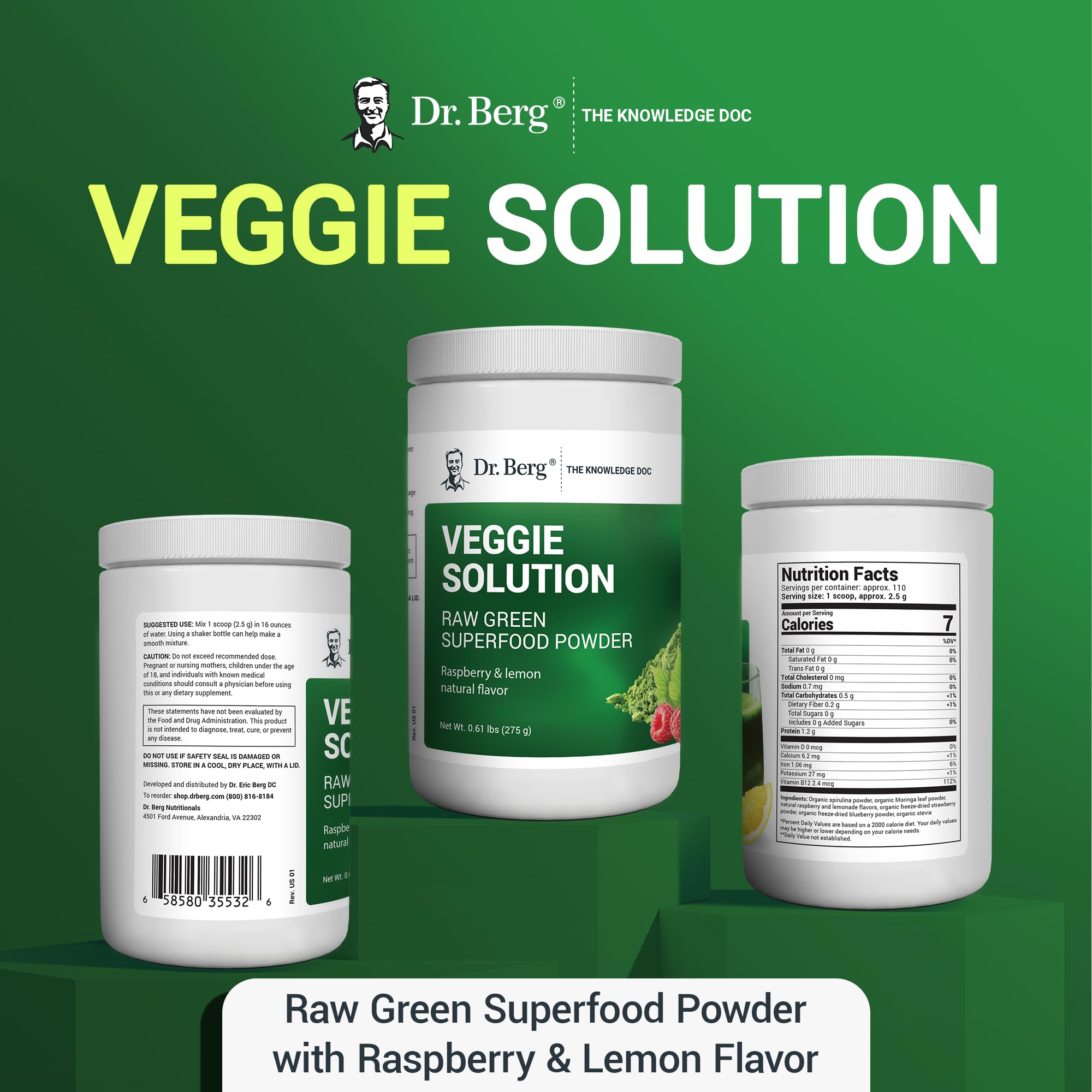 Dr. Berg's (Veggie Solution) Organic Super Greens Powder w/Spirulina - Raw Green - AB Mystery