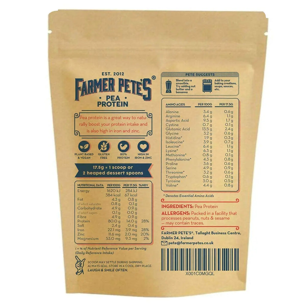 Farmer Pete's Pea Protein Powder 1kg - Dairy Free, Gluten Free, Natural Plant Based Vegan Protein Powder Isolate (1kg) Farmer Pete's