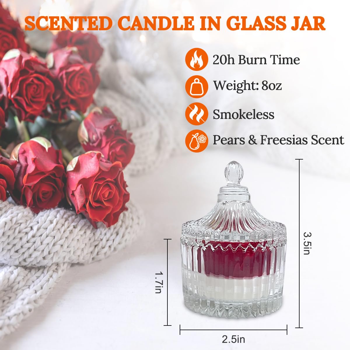 Red Rose Candle in Rippled Glass Jar for Valentine's Day Gifts, English Pear& Freesia Scented Candles - AB Mystery