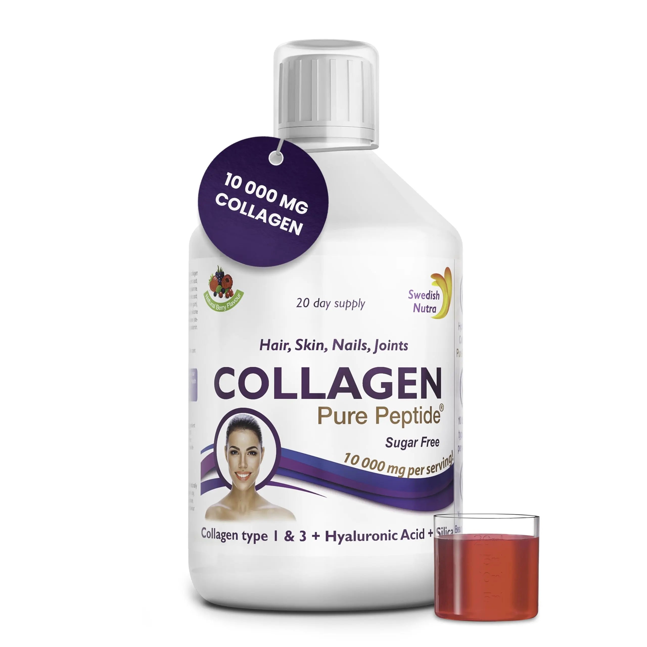 Swedish Nutra Liquid Bovine Collagen - Pack of 500ml, 20 Day Supply | Sugar Free Berry Flavour