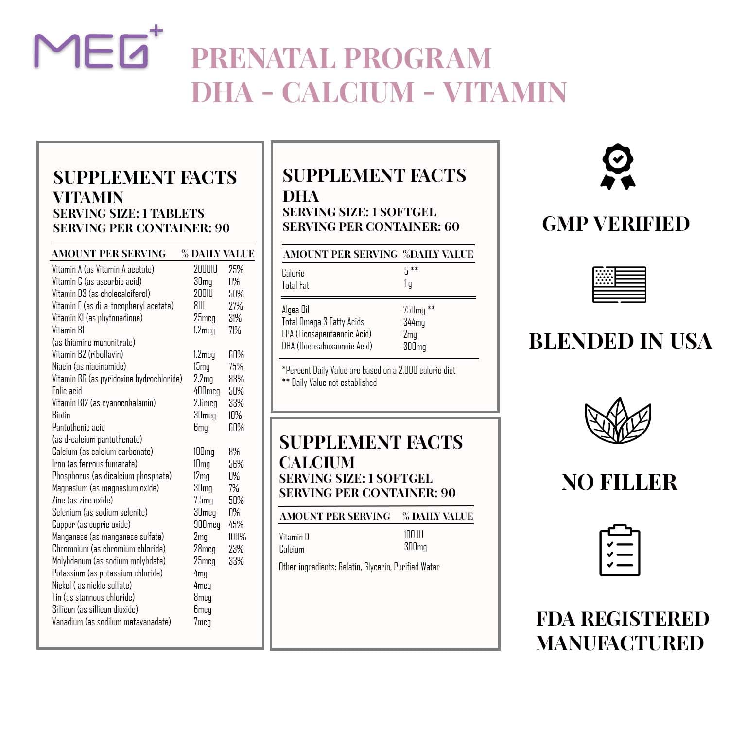 MEG+ Prenatal Supplement DHA Calcium Vitamin | 2-Month Supply 180 Counts |Omega-3 DHA Algal MEG+