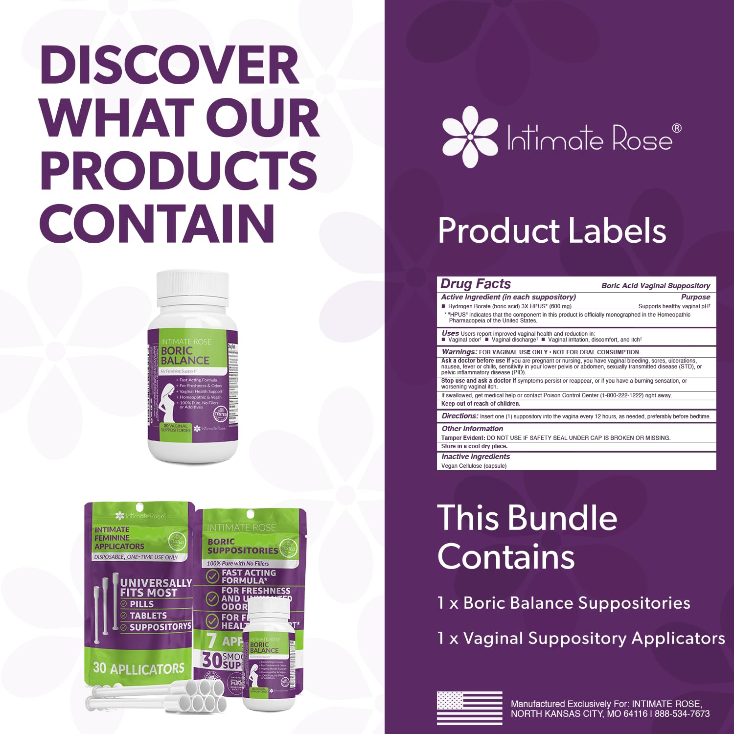 Intimate Rose Save 10% on Boric Acid Vaginal Suppositories - 30 Count (600mg) + 30 Applicators - AB Mystery