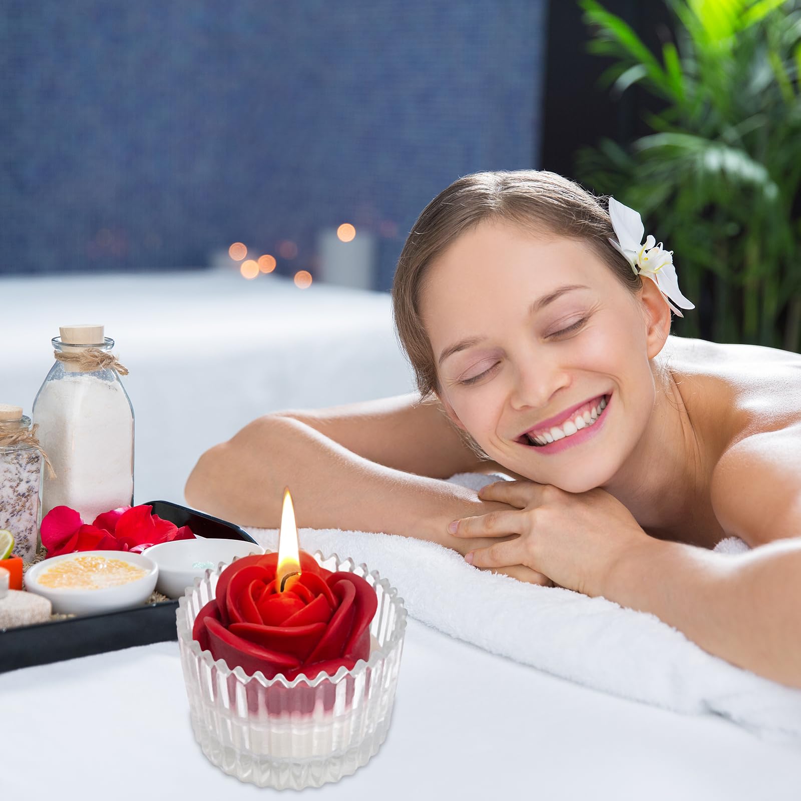 Red Rose Candle in Rippled Glass Jar for Valentine's Day Gifts, English Pear& Freesia Scented Candles - AB Mystery