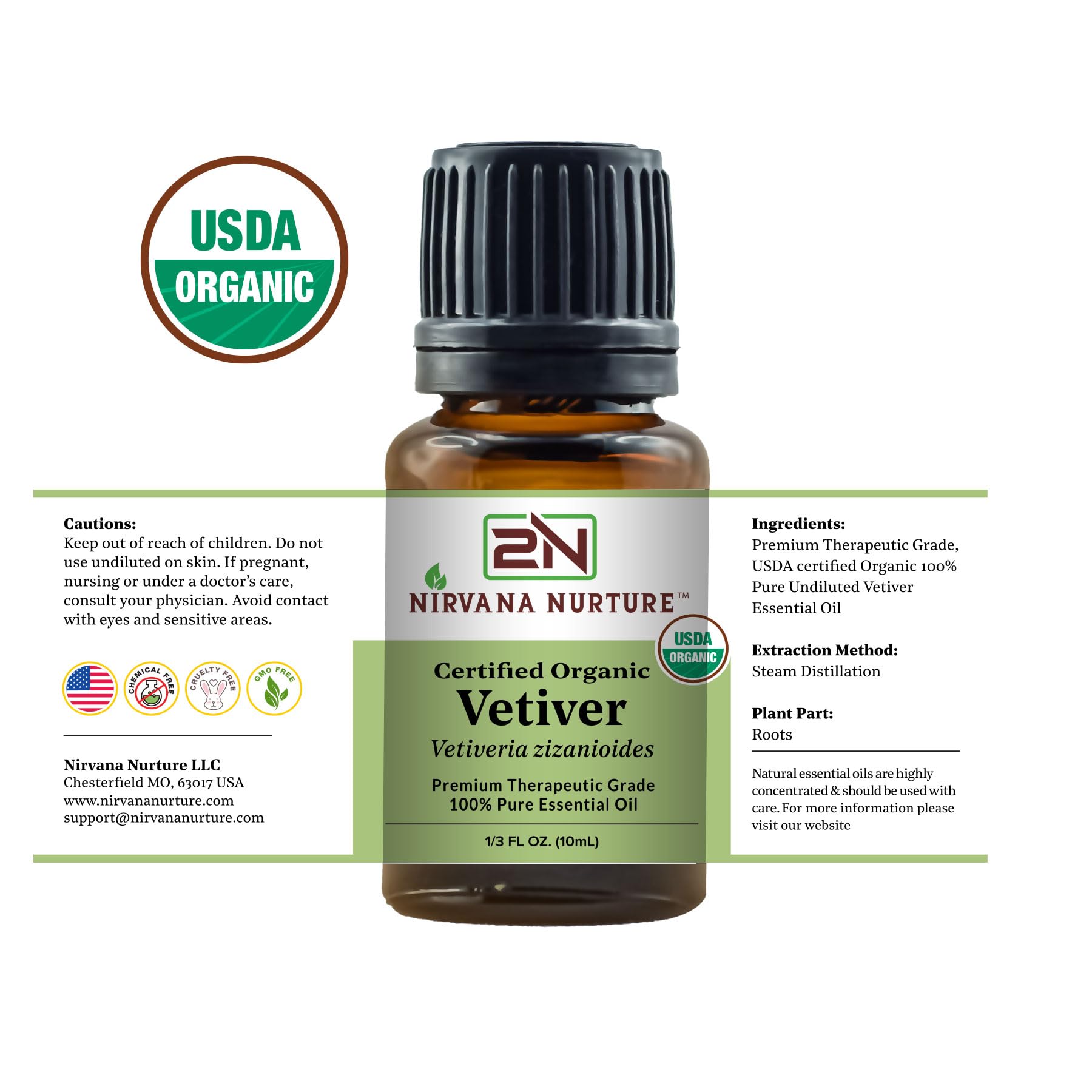 Nirvana Nurture Vetiver Essential Oil USDA Certified Organic 100% Pure Premium Therapeutic Grade - AB Mystery