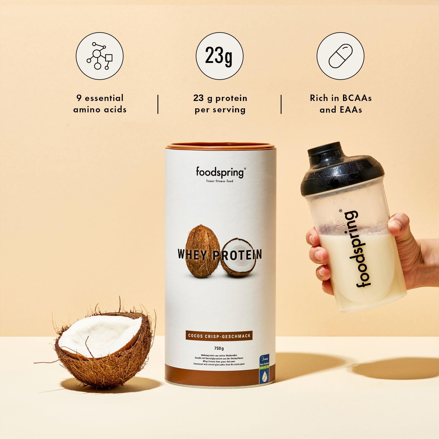 foodspring Whey Protein Powder Coconut – with 23g Protein for Muscle Building, Perfect Solubility, Made from Pasture Milk, Rich in BCAAs & EAAs - 750g foodspring