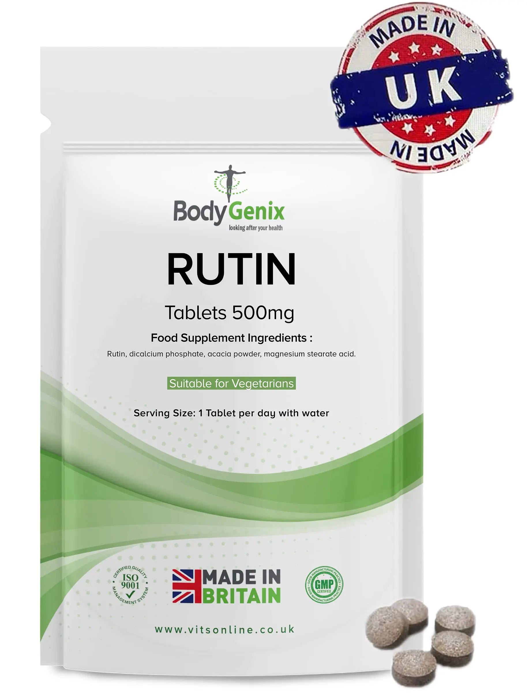 Bodygenix Rutin 500mg Tablets CAPILLARIES, VARICOSE Veins, Hemorrhoids Veg Friendly - AB Mystery
