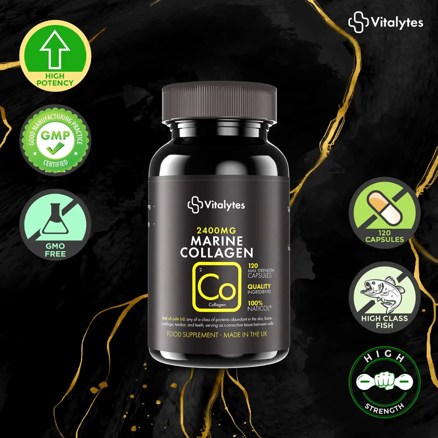 Vitalytes Marine Collagen Supplement 2400mg | 120 Marine Collagen Capsules Made in The UK - AB Mystery