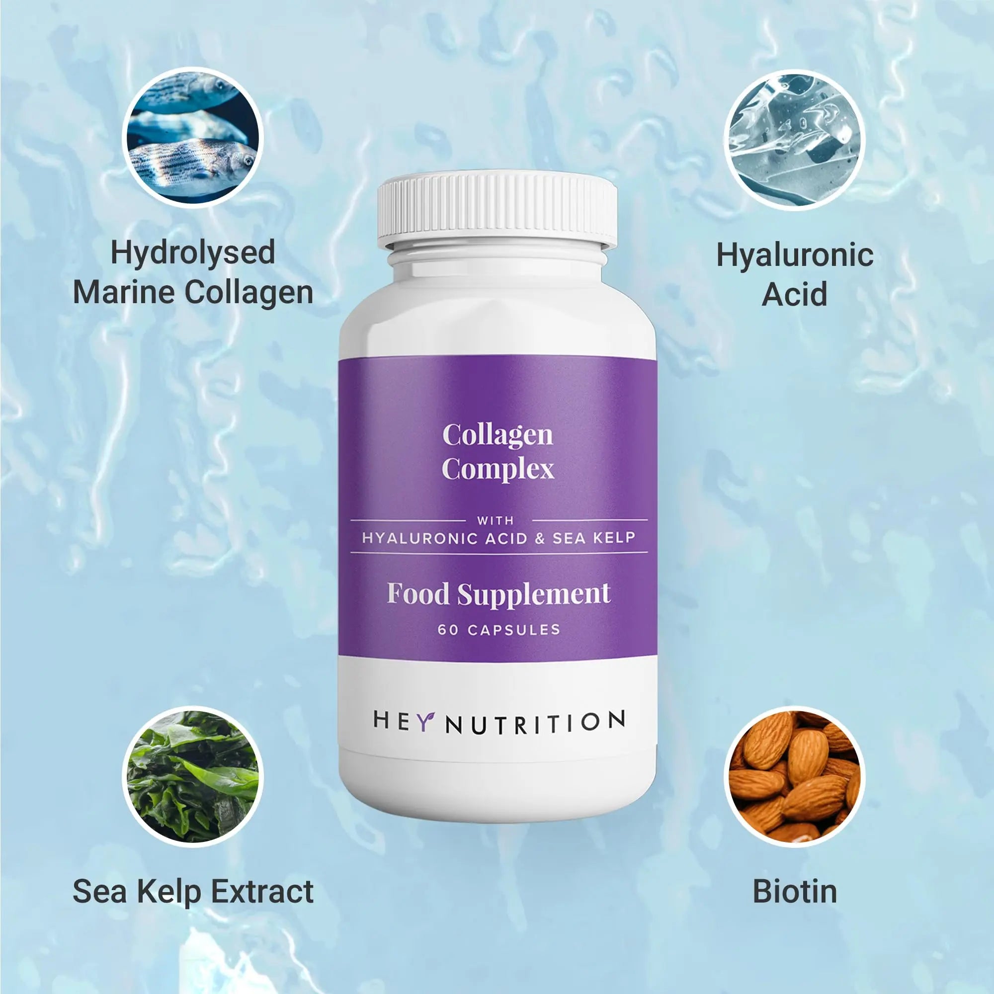 Hey Nutrition Collagen Complex Hyaluronic Acid & Sea Kelp Vitamin E, C, Biotin Hey Nutrition