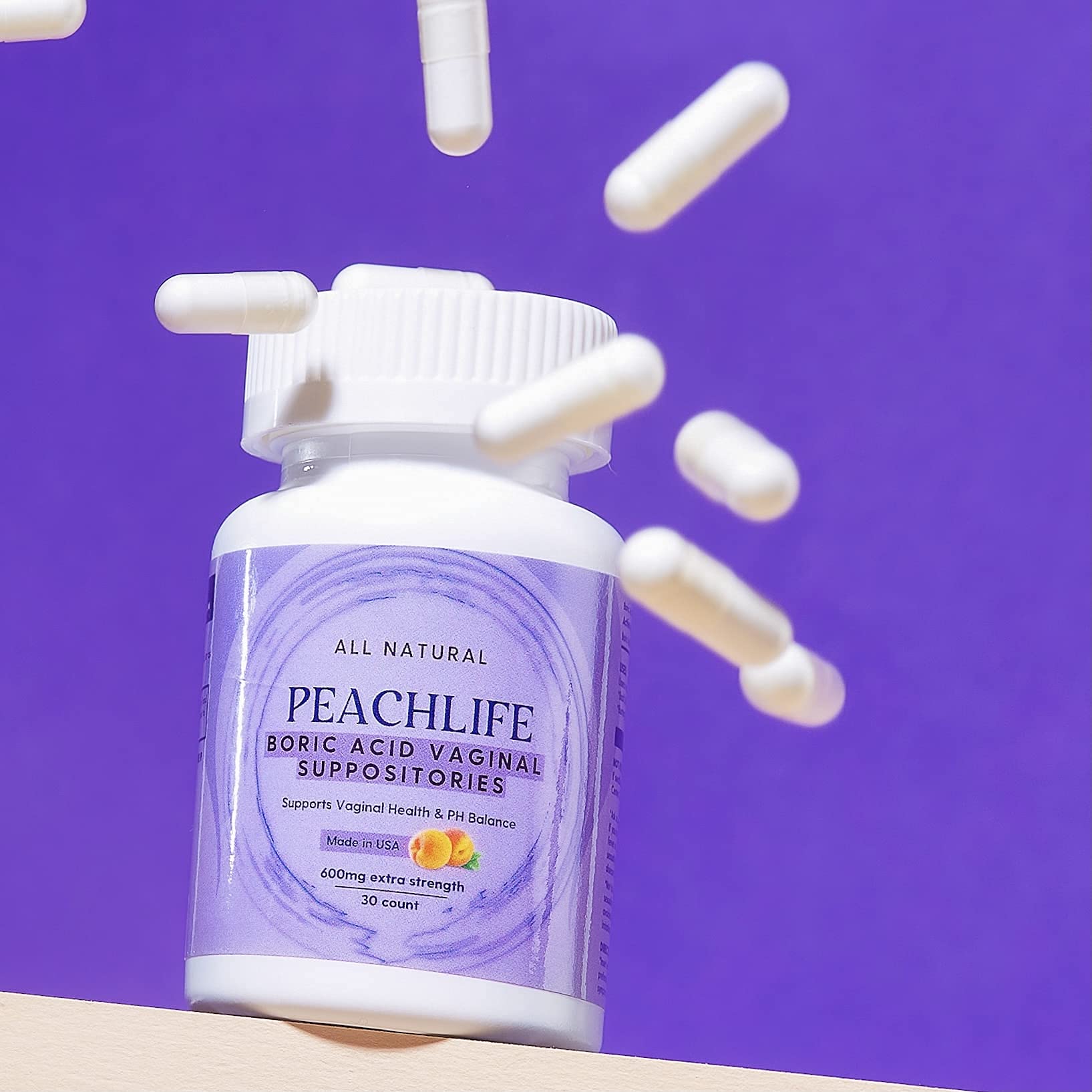 Peachlife Boric Acid Suppositories in Vegetable Capsules - USA Made - Vaginal pH - AB Mystery