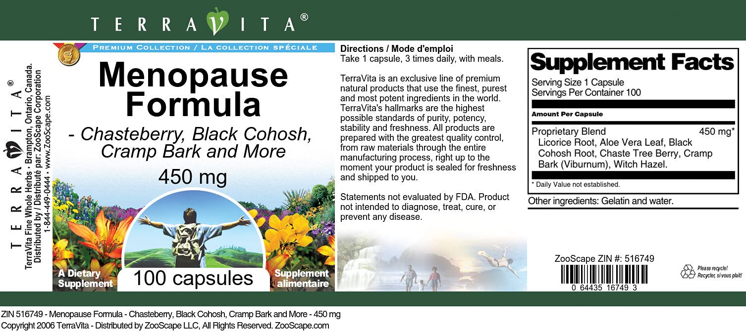 Menopause Formula - Chasteberry, Black Cohosh, Cramp Bark and More - 450 mg (100 Capsules) - AB Mystery