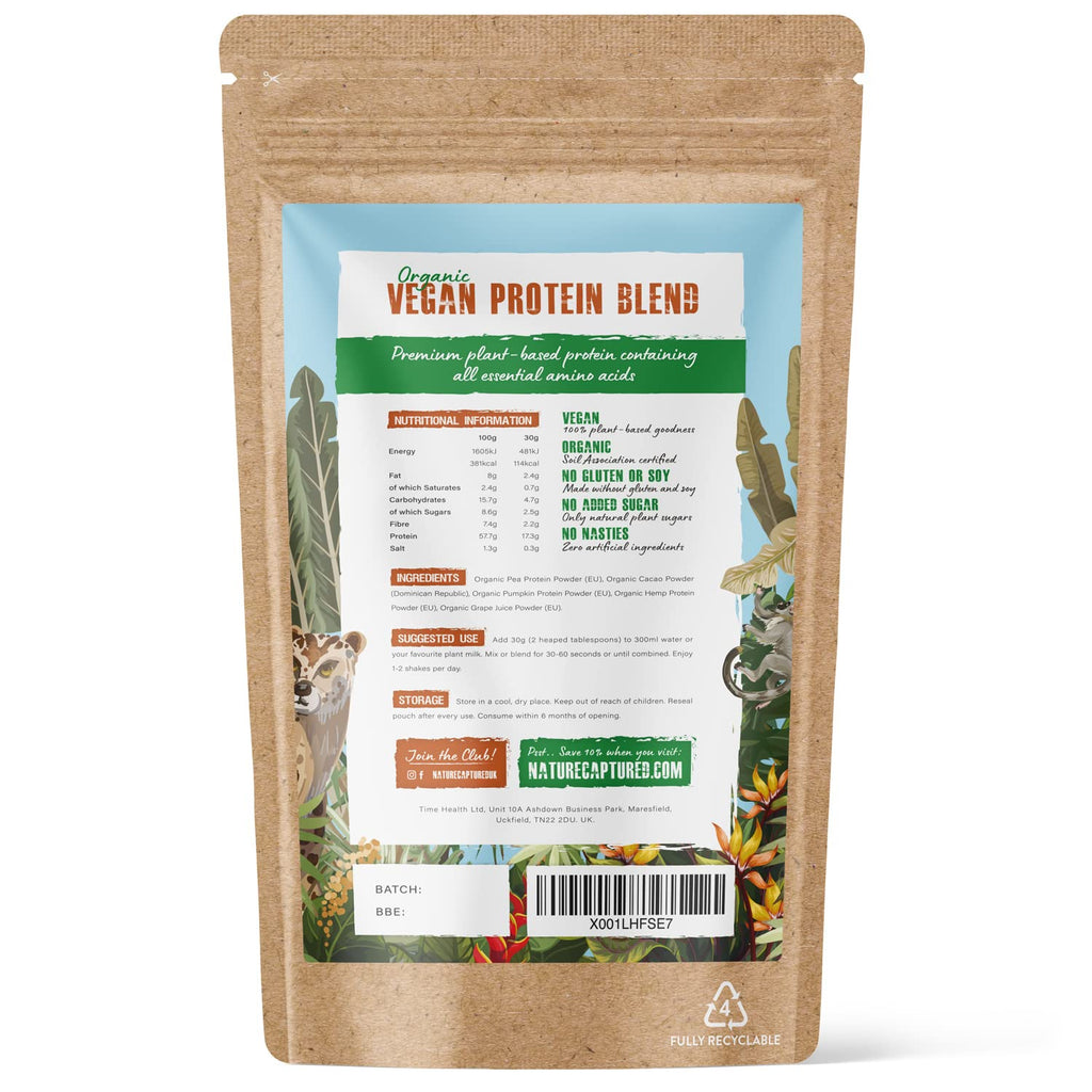 Organic & Raw Vegan Protein Blend (600g) - Chocolate Flavour - Pea, Pumpkin & Hemp Nature Captured