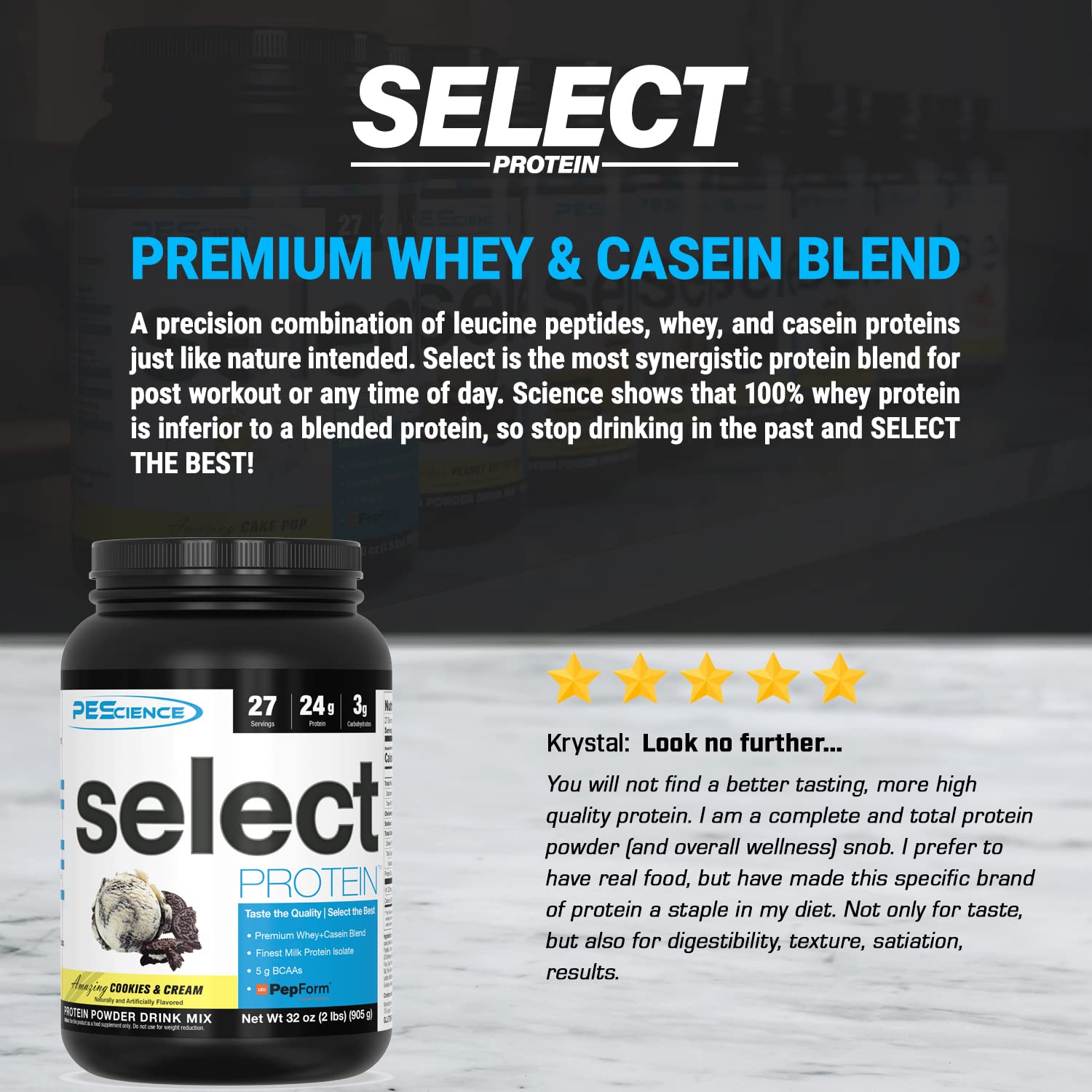 PEScience Select Protein, Cookies and Cream, 27 Serving, Premium Whey and Casein - AB Mystery