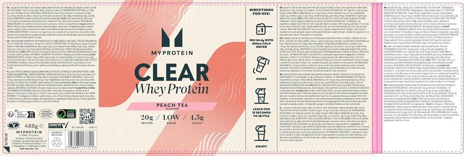 Myprotein Clear Whey Isolate Protein Powder - Peach Tea - 488g - 20 Servings Myprotein