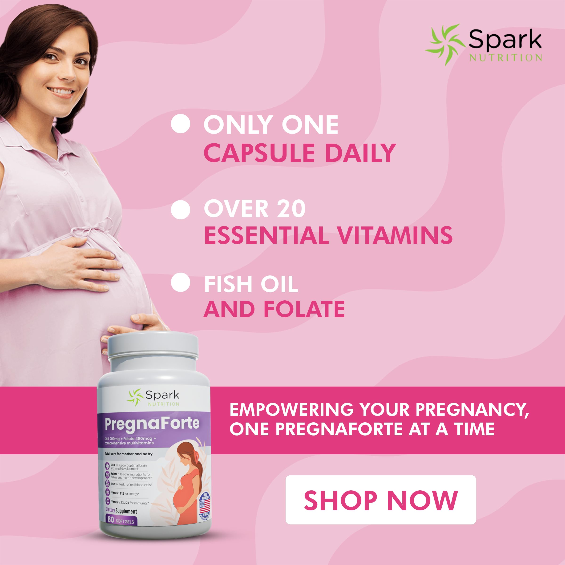 Pregnaforte Prenatal Multivitamin 60 days: Folic acid, Omega-3 DHA/EPA, Vitamins A, B6, B12, C, D3, E Spark Nutrition