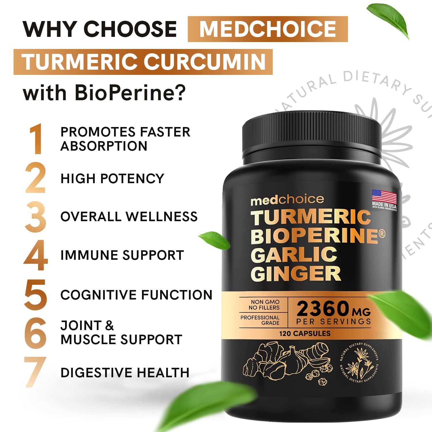 4-in-1 Turmeric and Garlic Supplements with Bioperine 2360 mg (360 ct) Turmeric Ginger - AB Mystery