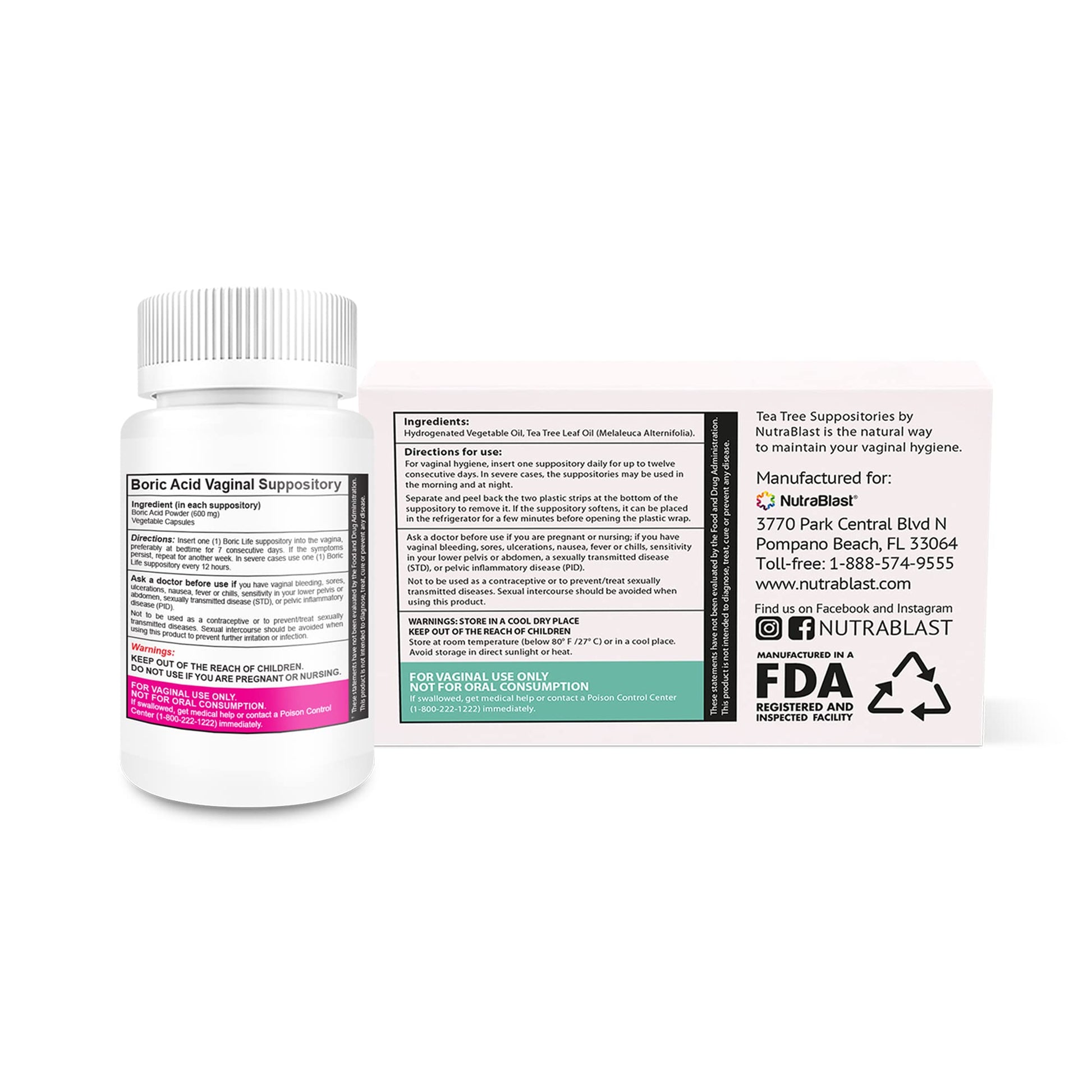 NutraBlast Boric Acid Vaginal Suppositories 600mg (30 Count) w/Tea Tree Oil Suppositories (12 Count) - AB Mystery