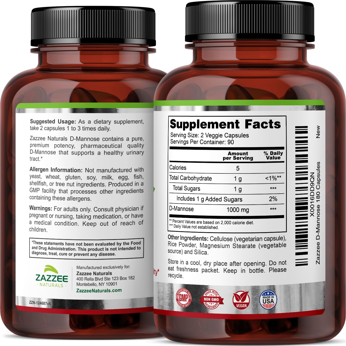 Zazzee D-Mannose, 1000 mg per Serving, 180 Vegan Capsules, 3 Month Supply, Potent - AB Mystery