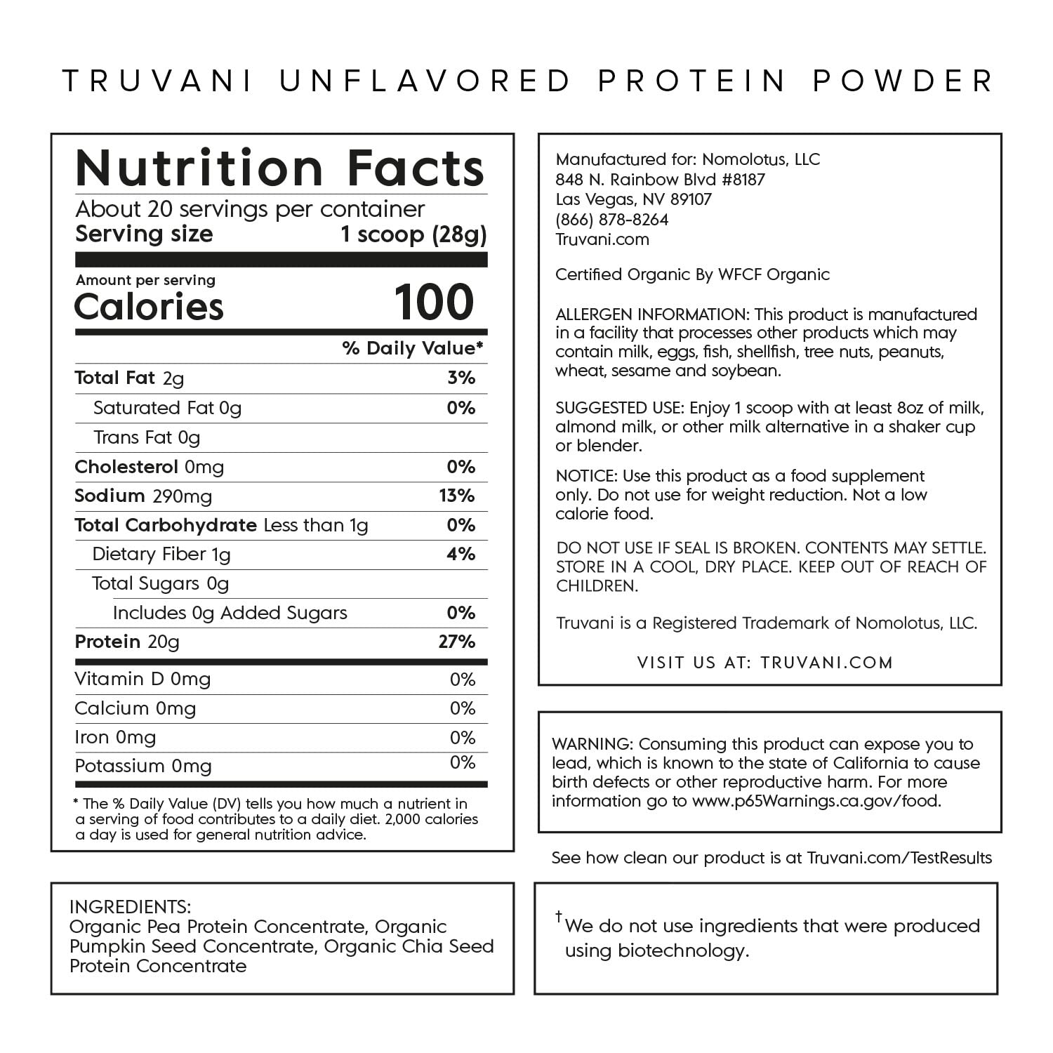 Truvani Organic Vegan Protein Powder Unflavored - 20g of Plant Based Protein, Organic - AB Mystery