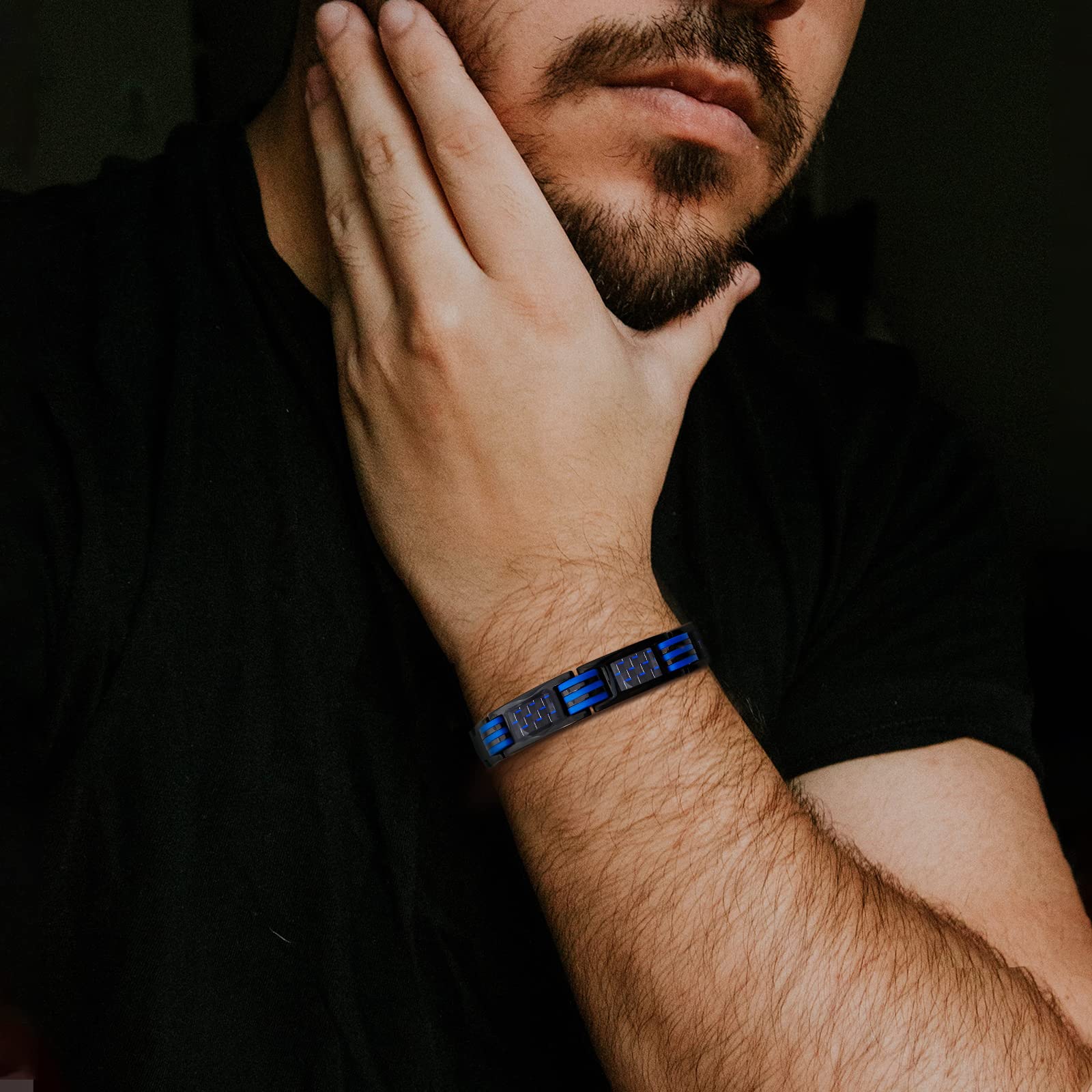JEROOT Magnetic Bracelets for Men, Blue Carbon Fiber Pure Titanium Magnetic Bracelet - AB Mystery