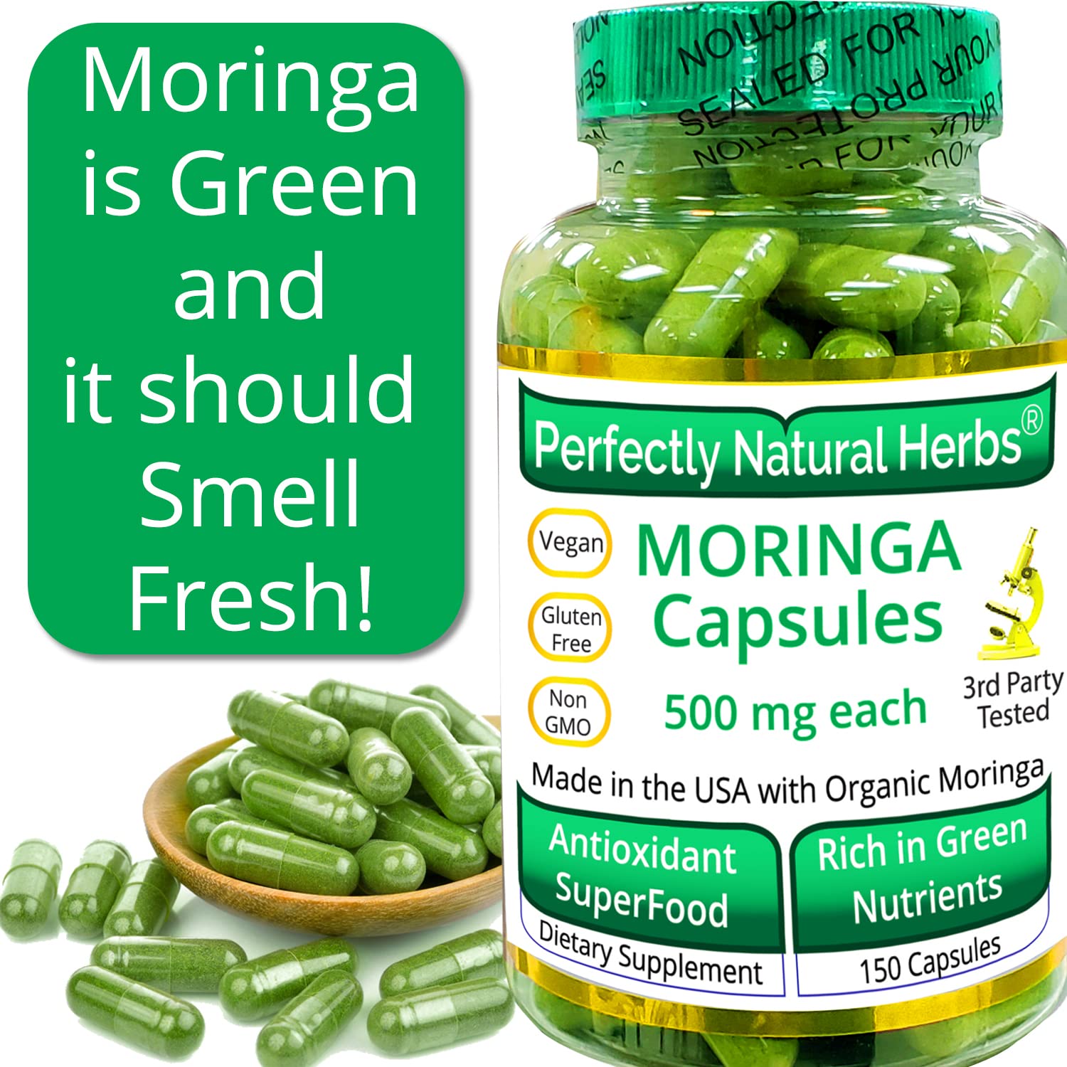 150 Moringa Capsules Made With USDA Certified Organic Moringa Leaf Powder - AB Mystery