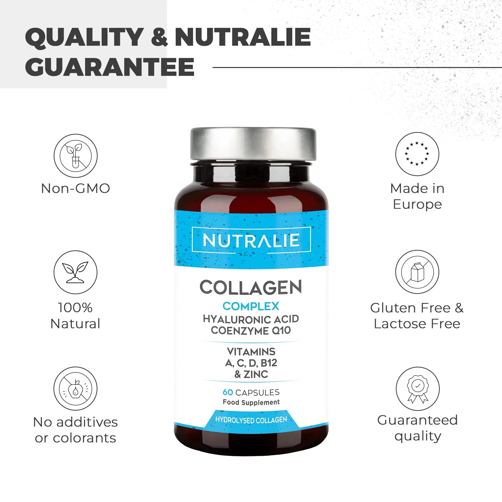 Collagen + Hyaluronic Acid + Q10 Hydrolysed Collagen Women Men + Vitamins A C D B12 Zinc NUTRALIE