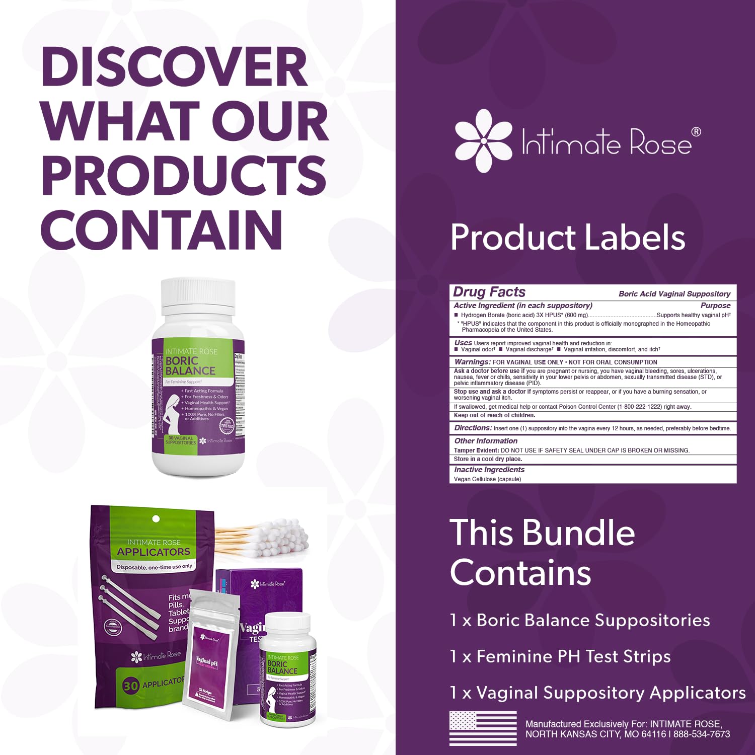 Intimate Rose Boric Acid Suppositories + 15 Count Vaginal Suppository Applicator + pH Test Strips - AB Mystery
