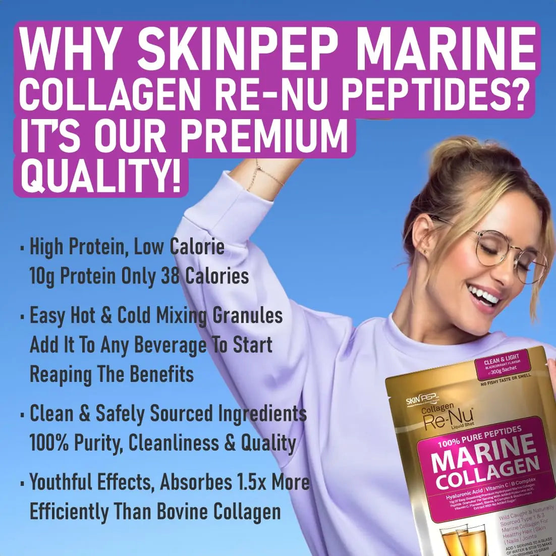 Premium Hydrolysed Marine Collagen Peptide Powder + VIT C, B Complex Hyaluronic Acid, & Stevia. Delicious Taste/No Fishy Smell - SkinPep® Collagen Re-Nu 300g - 30 Days Supply - AB Mystery