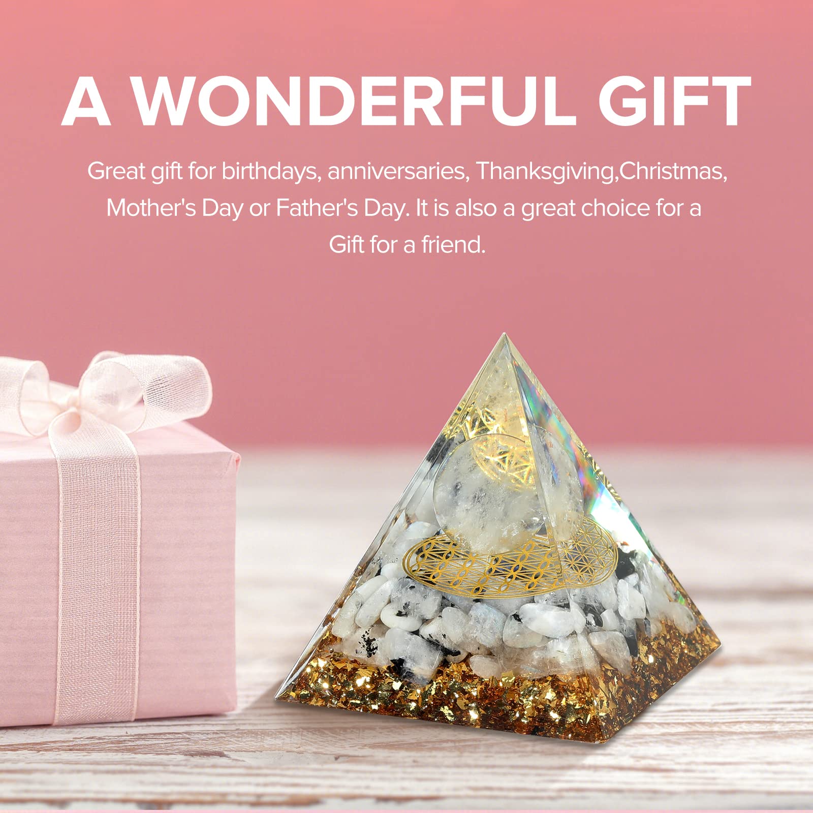 Hopeseed Orgone Pyramid for Positive Energy, Orgonite Rainbow Moonstone&White Crystal - AB Mystery