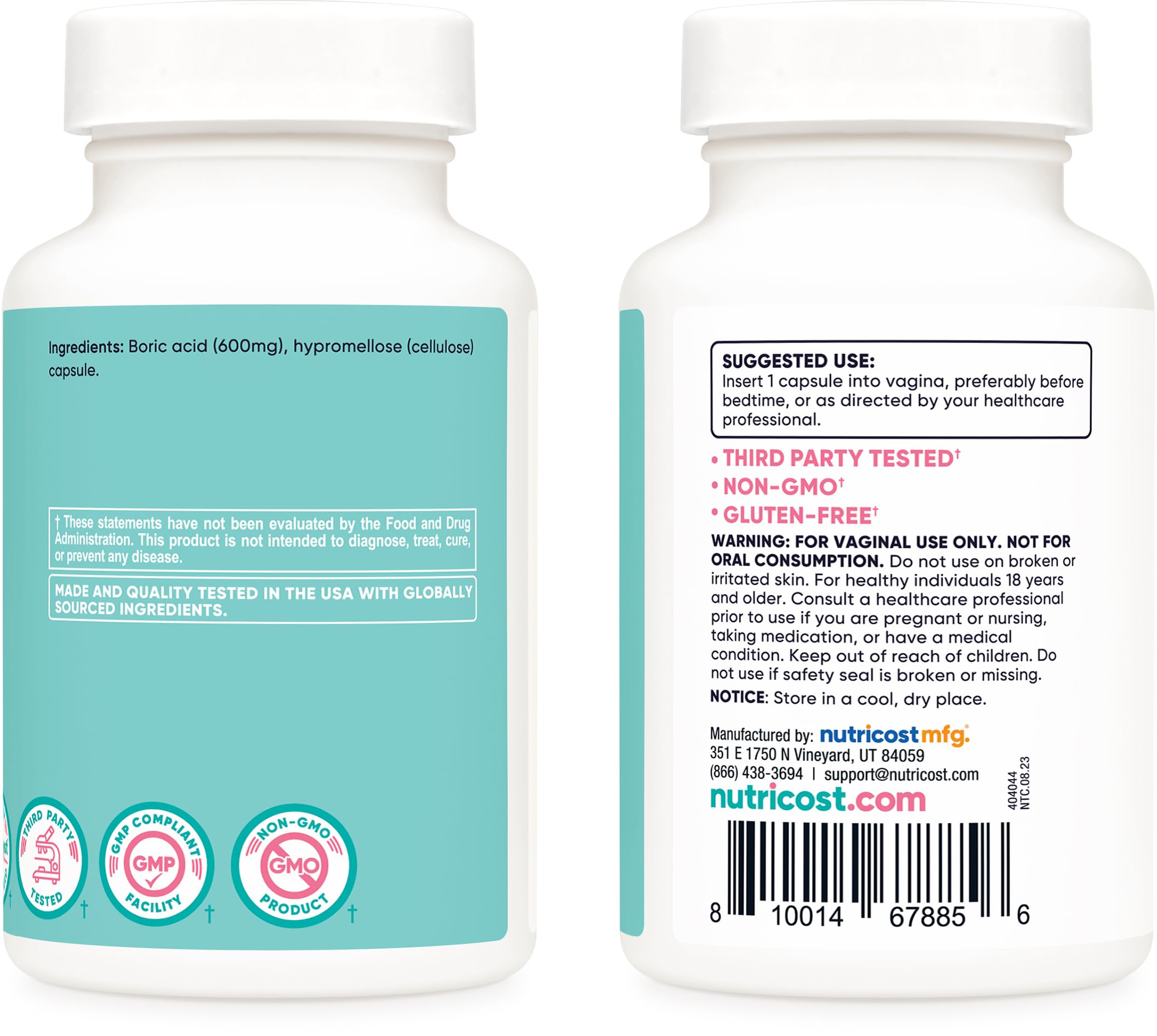 Nutricost Boric Acid 600mg, 60 Capsules - Vaginal Suppository - Non-GMO - for Women - AB Mystery
