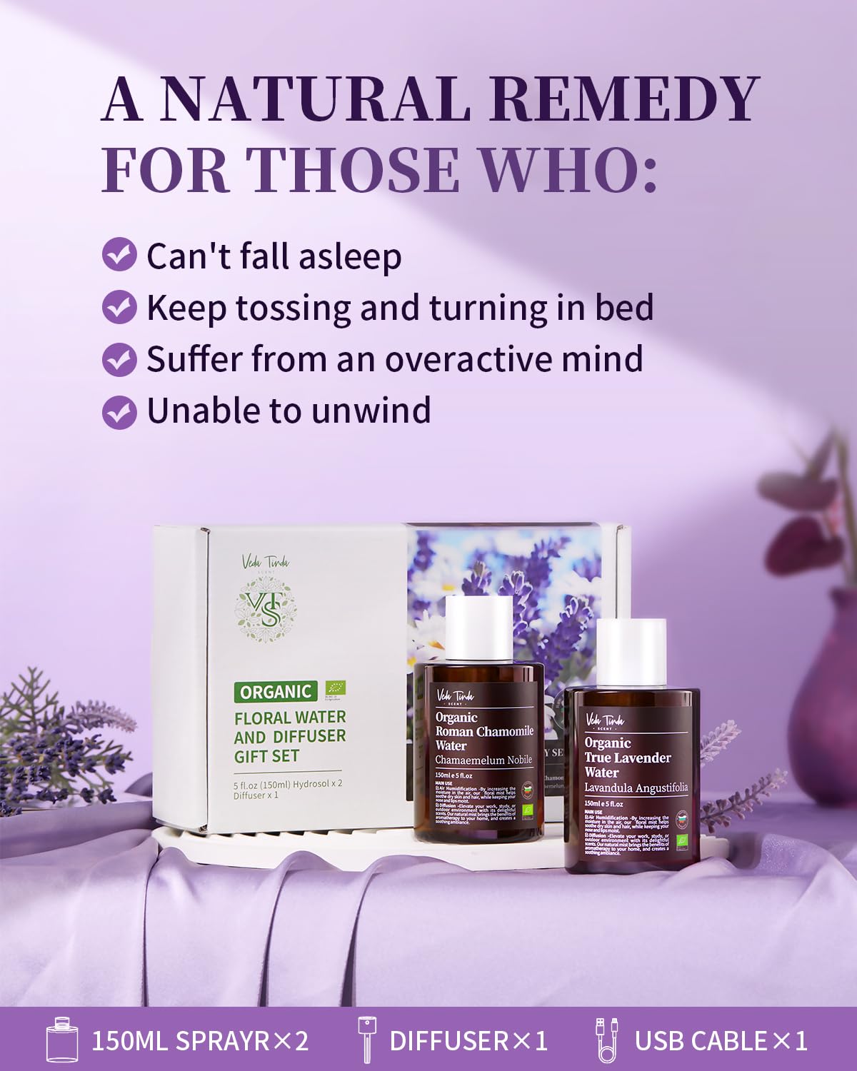 VTS Organic Lavender Water and Roman Chamomile Floral Water with Diffuser, Aromatherapy Air - AB Mystery