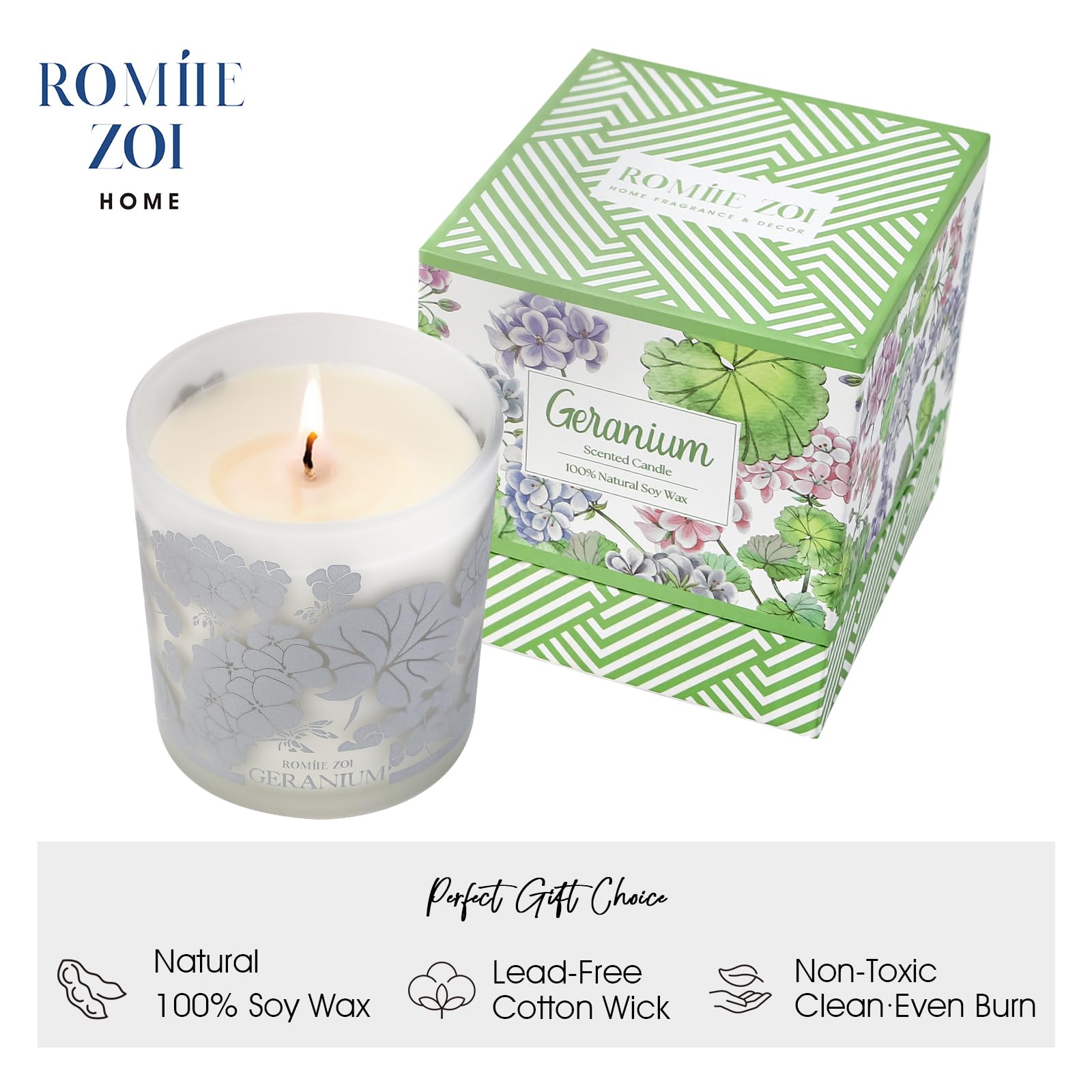 ROMIIE ZOI Scented Candle - Geranium - 6oz Aromatherapy Soy Wax Jar Candle for Home, Gifts for Women - AB Mystery