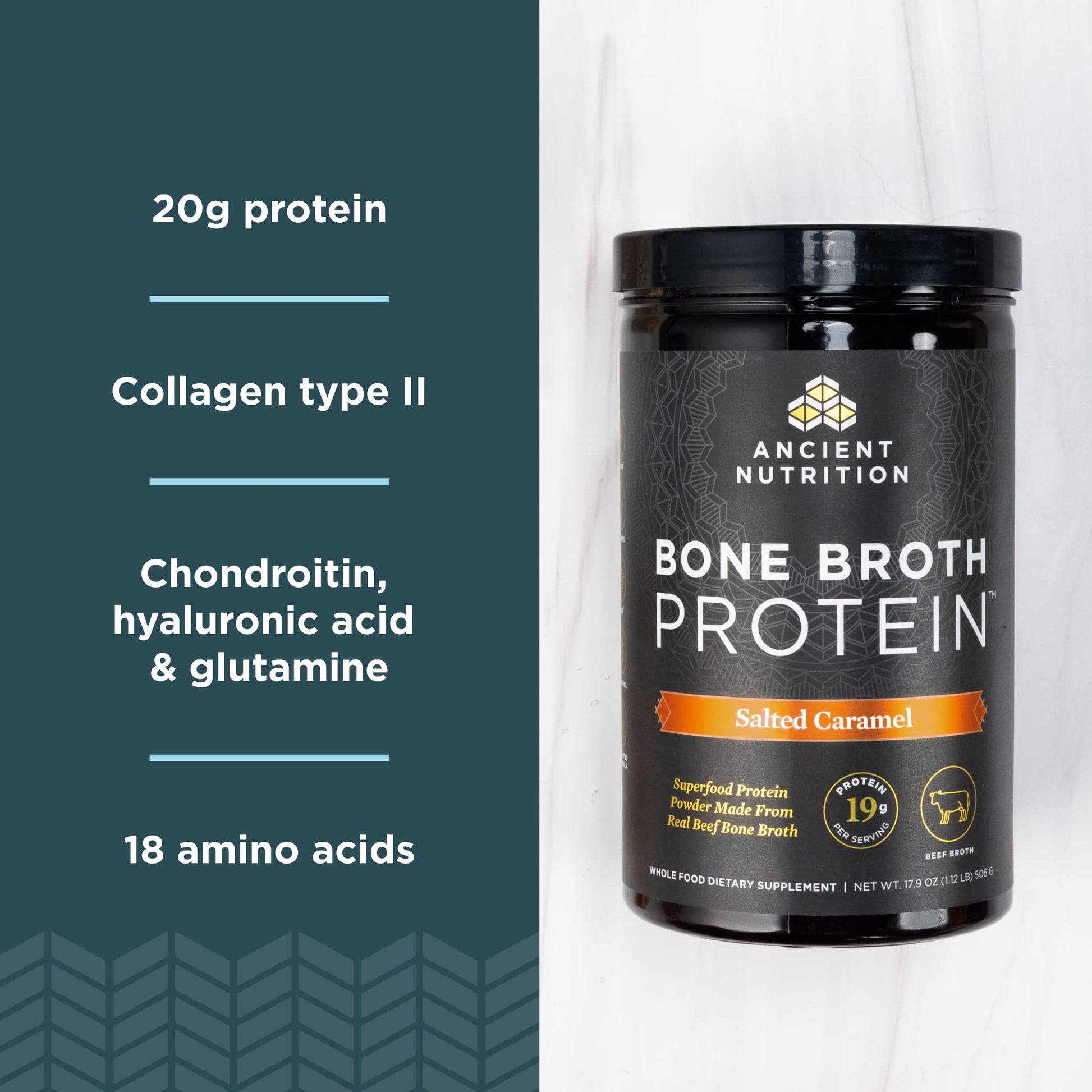 Ancient Nutrition Bone Broth Protein Powder, Salted Caramel, 19g Protein per Serving - AB Mystery