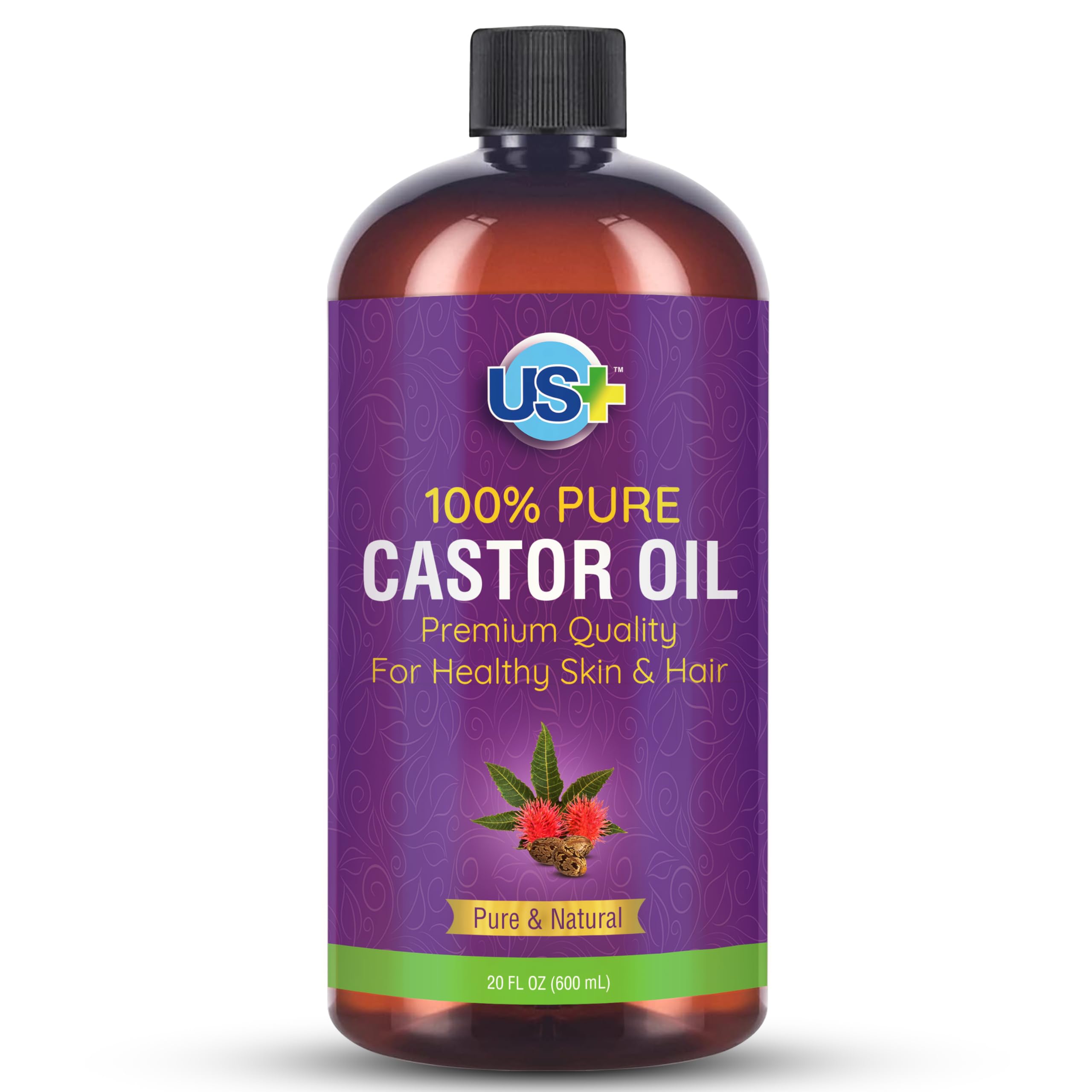 Us+ 20oz 100% Pure Castor Oil - Cold-pressed, Unrefined, Hexane-free - USP Grade - Premium Quality