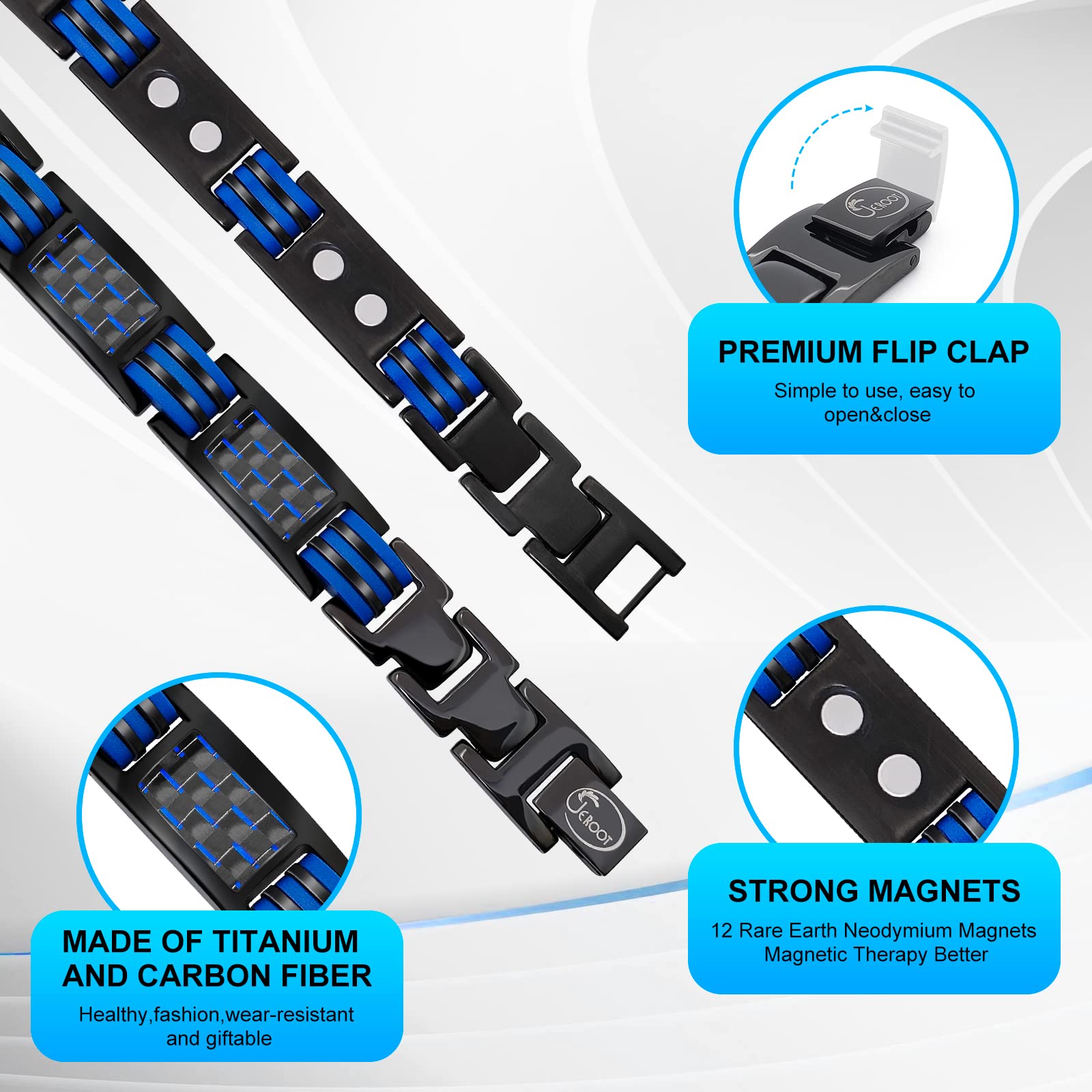 JEROOT Magnetic Bracelets for Men, Blue Carbon Fiber Pure Titanium Magnetic Bracelet - AB Mystery