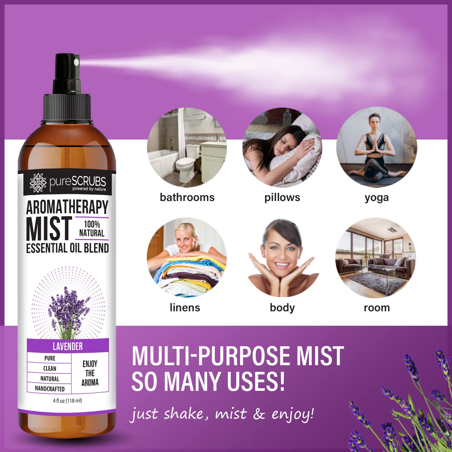 Shake, Mist & Enjoy - pureSCRUBS Premium Lavender Aromatherapy Spray Mist for Room, Body, Linens - AB Mystery