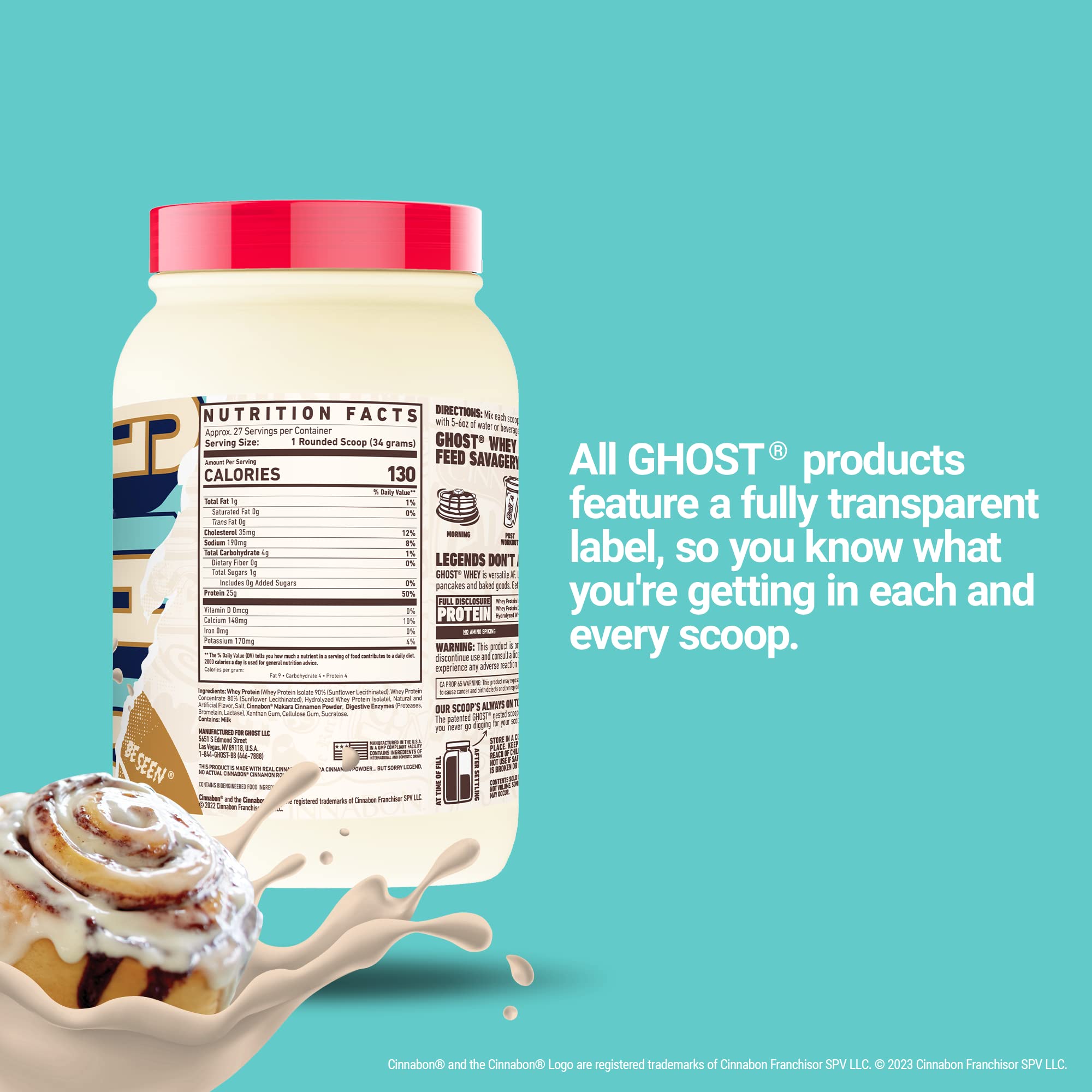 GHOST Whey Protein Powder, Cinnabon - 2LB Tub, 25G of Protein - Cinnamon Roll Flavore - AB Mystery