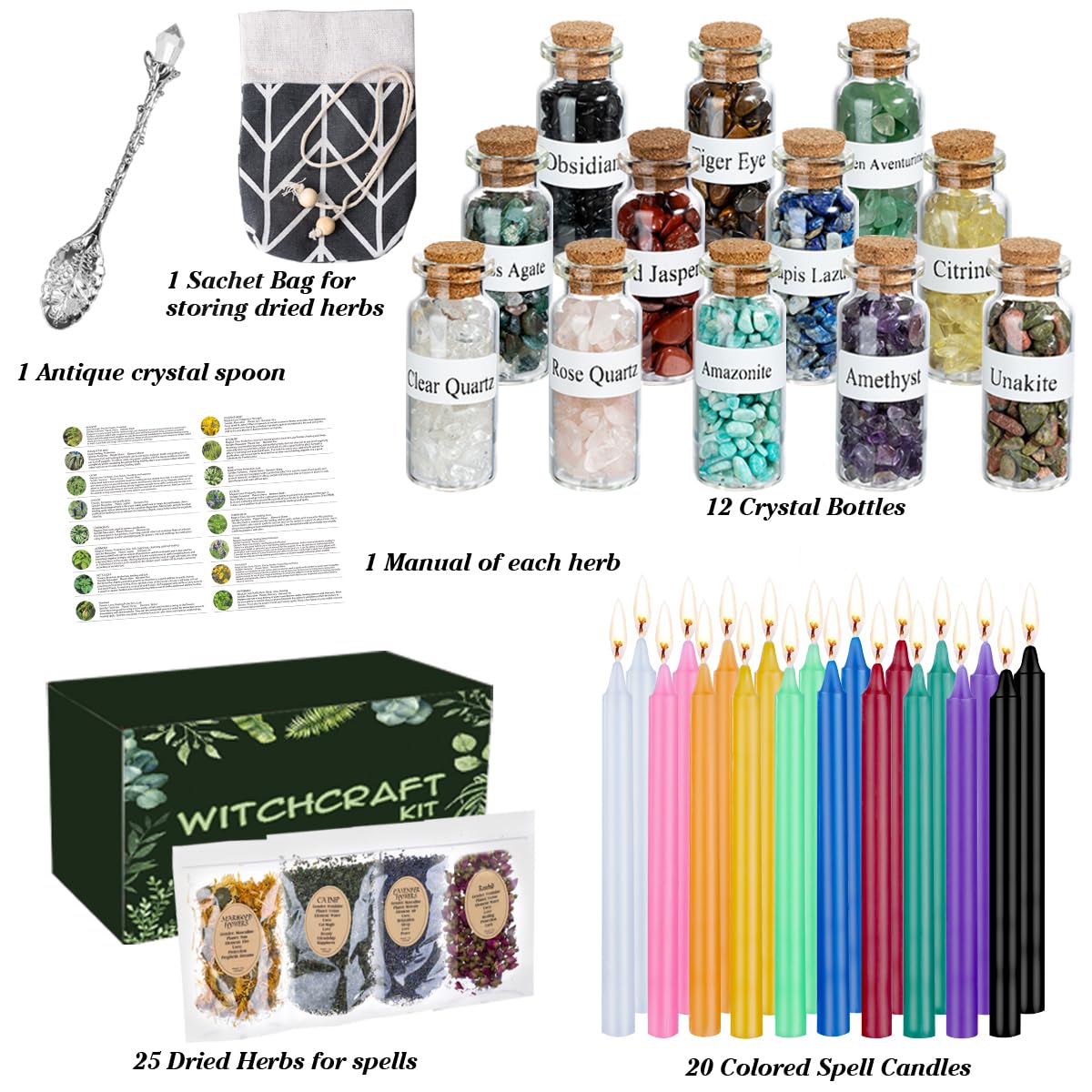 JUSTASHOW 61PCS Witchcraft Supplies for Wiccan Spells, Witchcraft Starter Kit, Spell Candles - AB Mystery