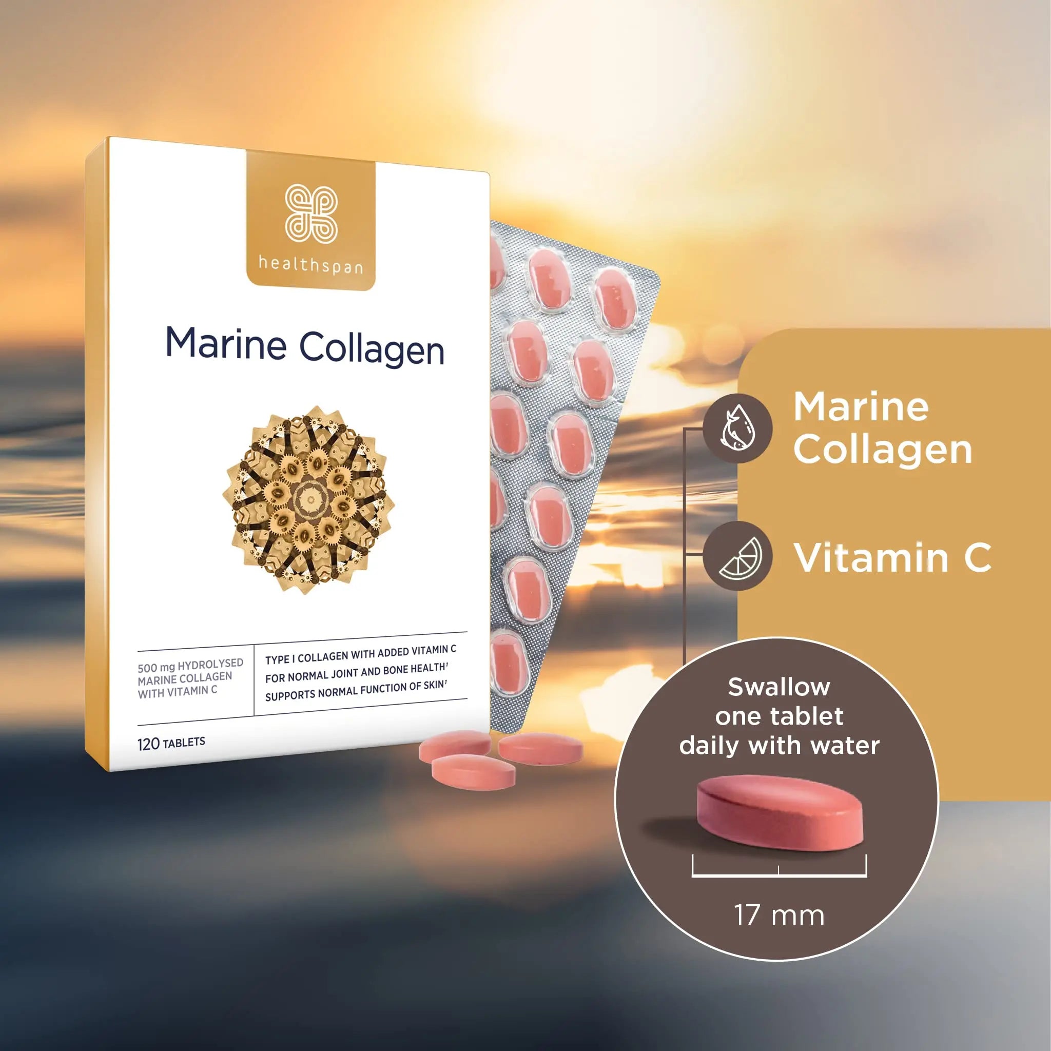 Healthspan Marine Collagen 500mg (120 Tablets) | Hydrolysed Type I Marine Collagen healthspan