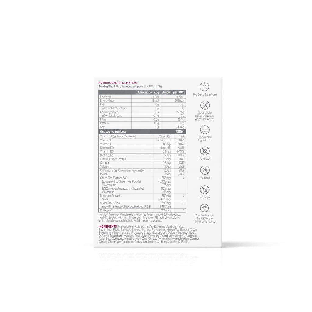 Wassen Beauty and Collagen - Plant-Based Vegan Collagen - 14 Raspberry & Lemon Flavoured Sachets - AB Mystery