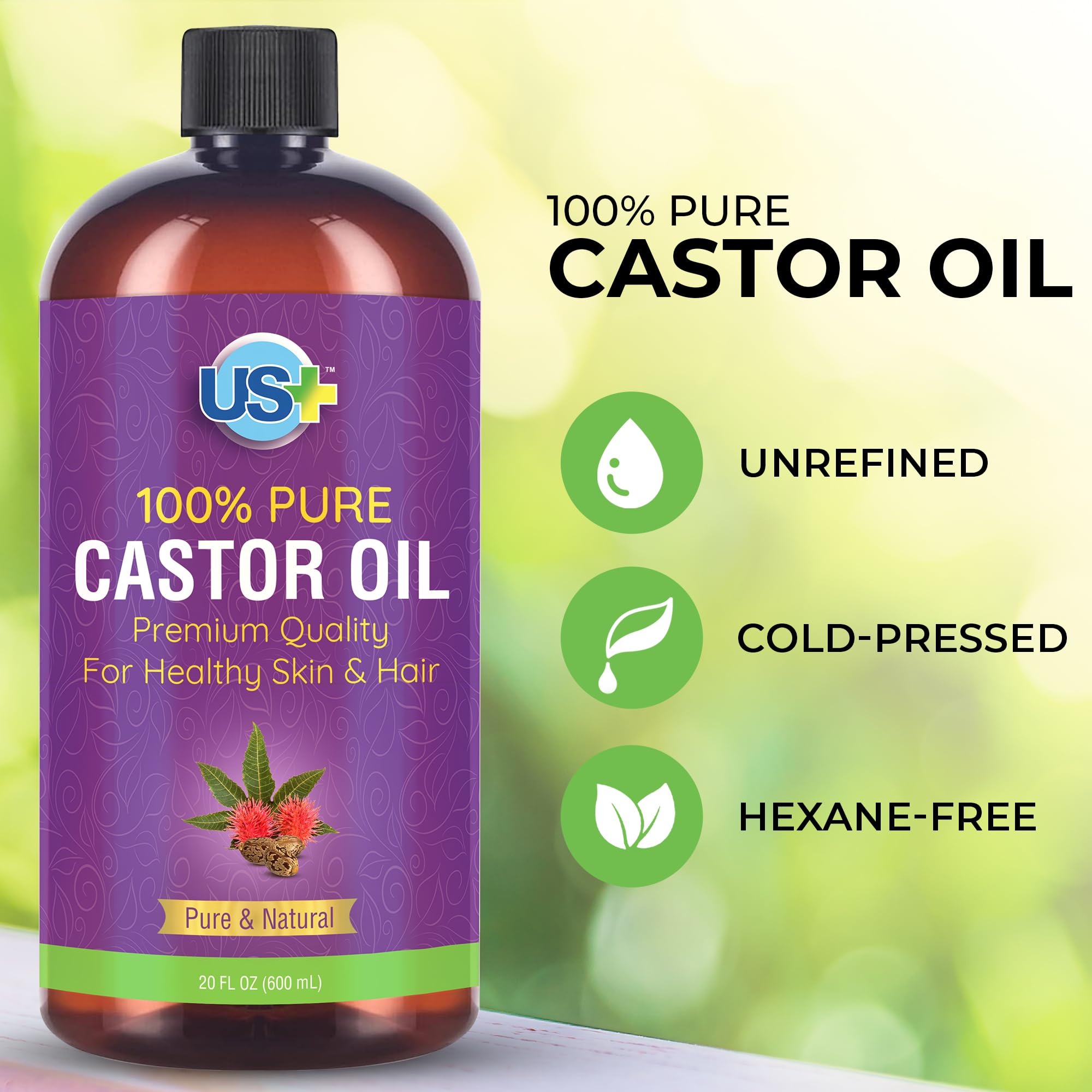 Us+ 20oz 100% Pure Castor Oil - Cold-pressed, Unrefined, Hexane-free - USP Grade - Premium Quality - AB Mystery