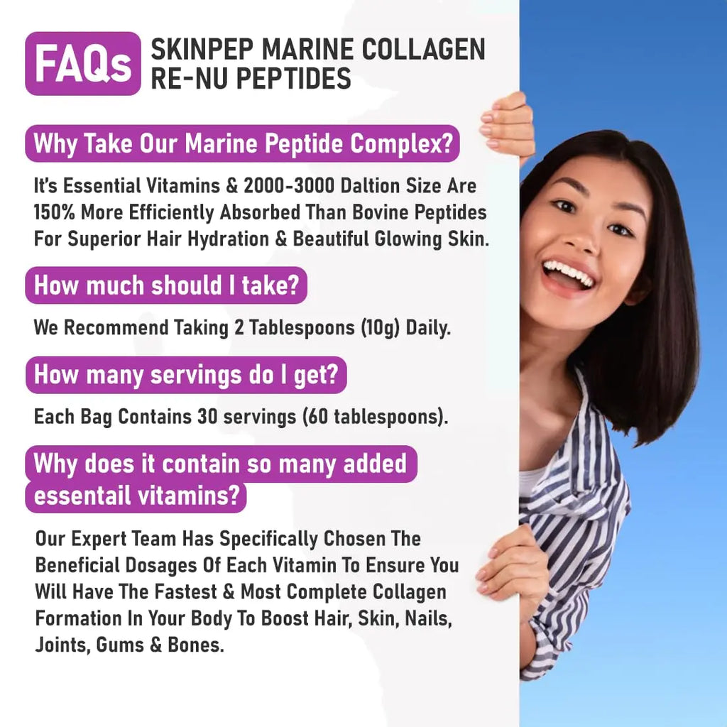 Premium Hydrolysed Marine Collagen Peptide Powder + VIT C, B Complex Hyaluronic Acid, & Stevia. Delicious Taste/No Fishy Smell - SkinPep® Collagen Re-Nu 300g - 30 Days Supply - AB Mystery