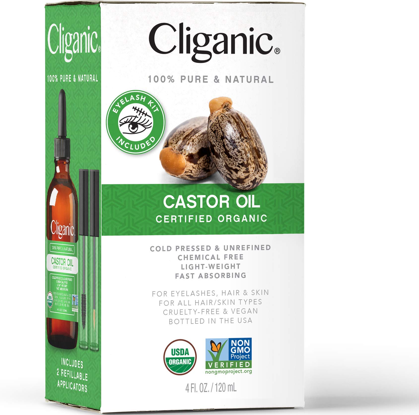 Cliganic Organic Castor Oil, 100% Pure (4oz with Eyelash Kit) - For Eyelashes, Eyebrows, Hair & Skin - AB Mystery