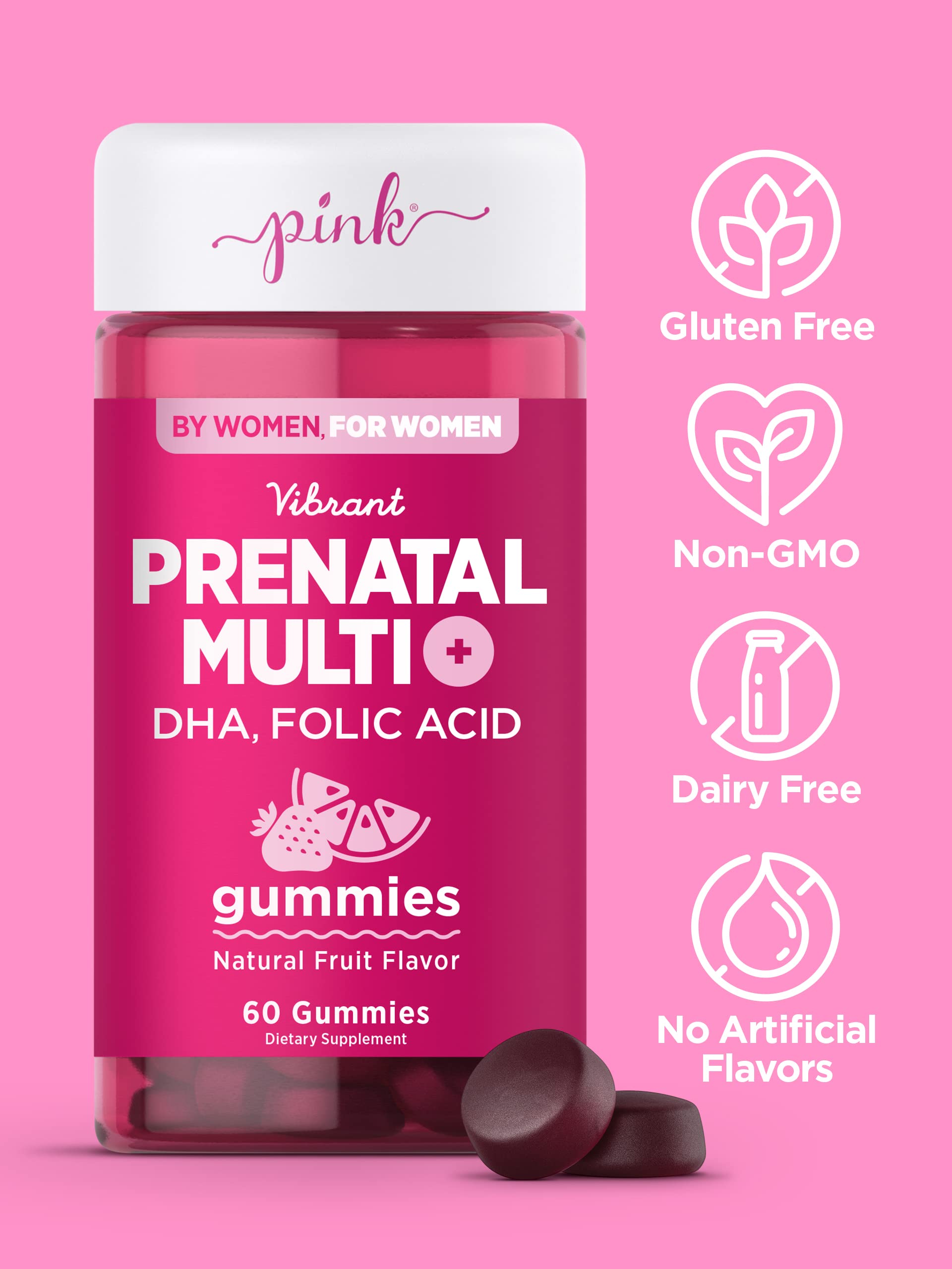 PINK Prenatal Vitamins | 60 Gummies with DHA and Folic Acid | Non-GMO & Gluten Free Multivitamin PINK