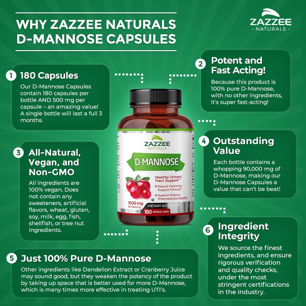 Zazzee D-Mannose, 1000 mg per Serving, 180 Vegan Capsules, 3 Month Supply, Potent - AB Mystery