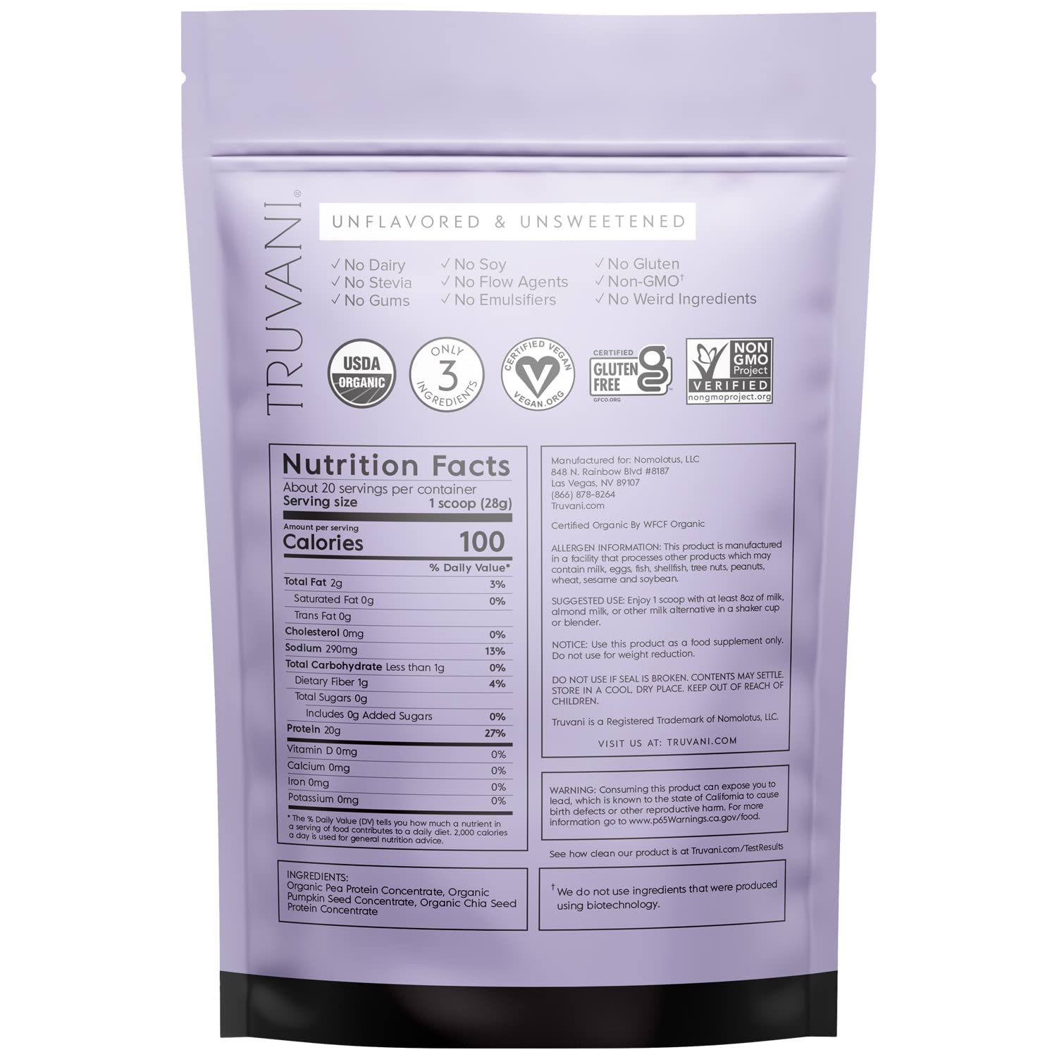 Truvani Organic Vegan Protein Powder Unflavored - 20g of Plant Based Protein, Organic - AB Mystery