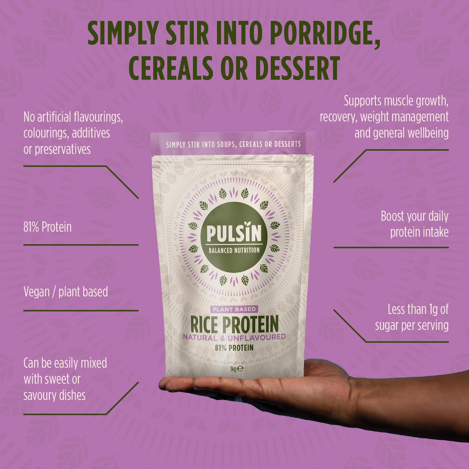 Pulsin - Natural & Unflavoured Vegan Rice Protein Powder - 1kg - 8.1g Protein, 0.4g Carbs, 43 Kcal Per Serving Pulsin