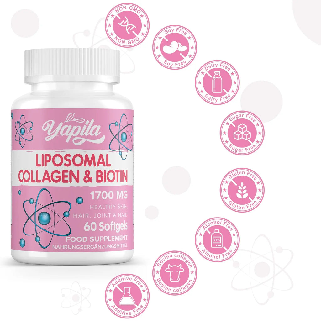 Liposomal Collagen Biotin Capsules, Hydrolyzed Bovine Collagen Peptides 1700 mg, Types 1 & 3 Protein - AB Mystery