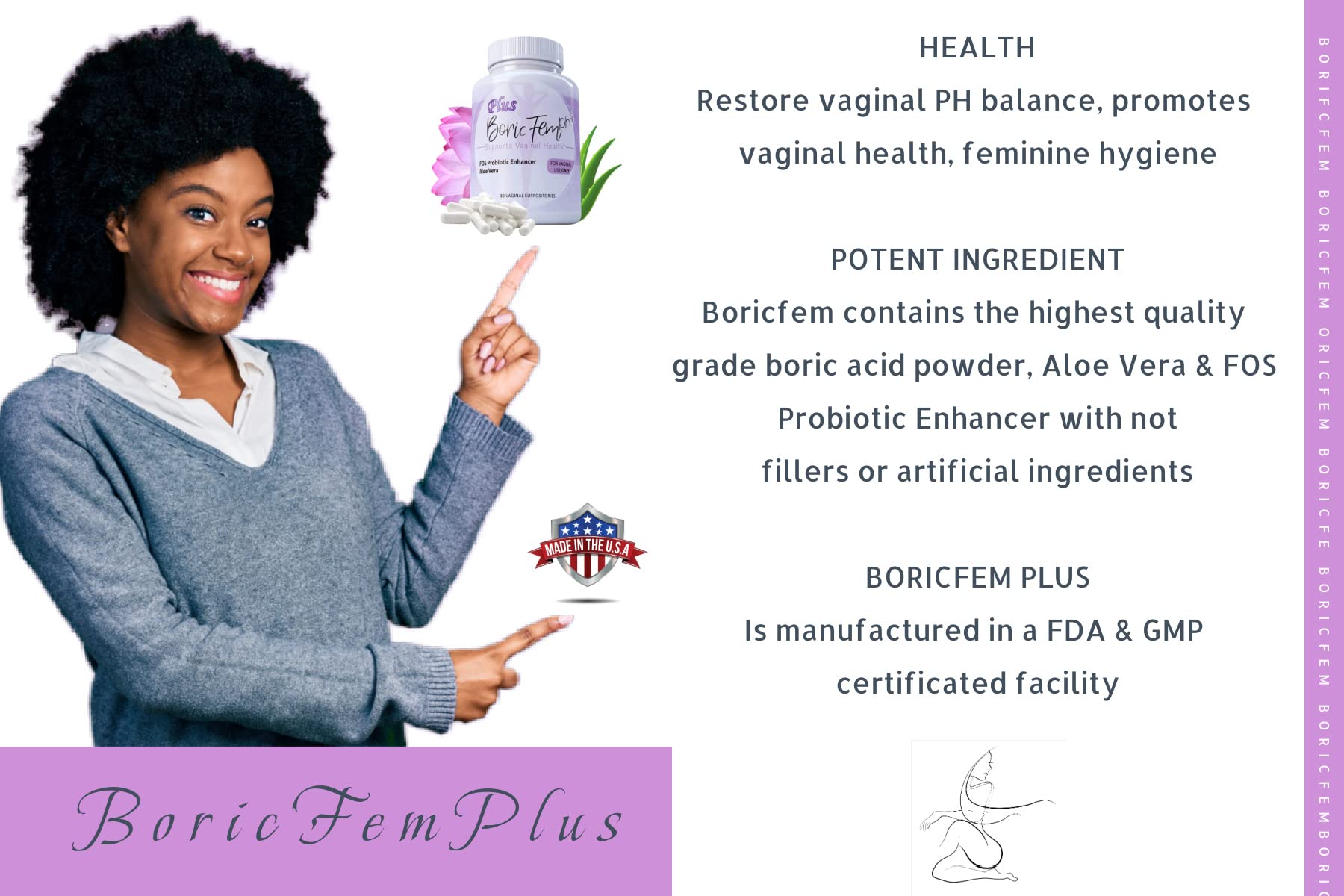 Boric Acid Vaginal Suppositories Plus Aloe Vera & FOS Probiotic Enhancer 800mg/, 30 Count All Natural - AB Mystery