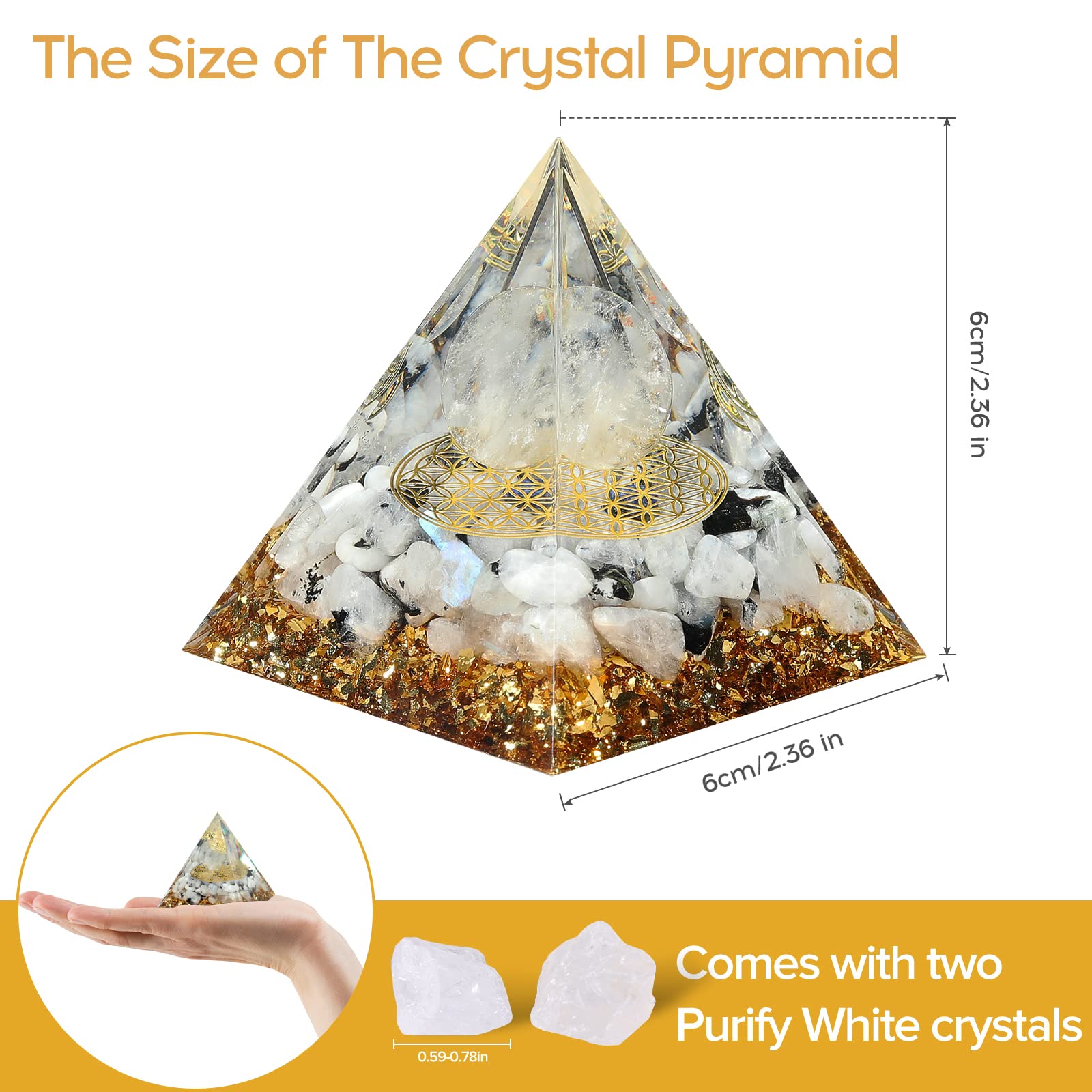 Hopeseed Orgone Pyramid for Positive Energy, Orgonite Rainbow Moonstone&White Crystal - AB Mystery