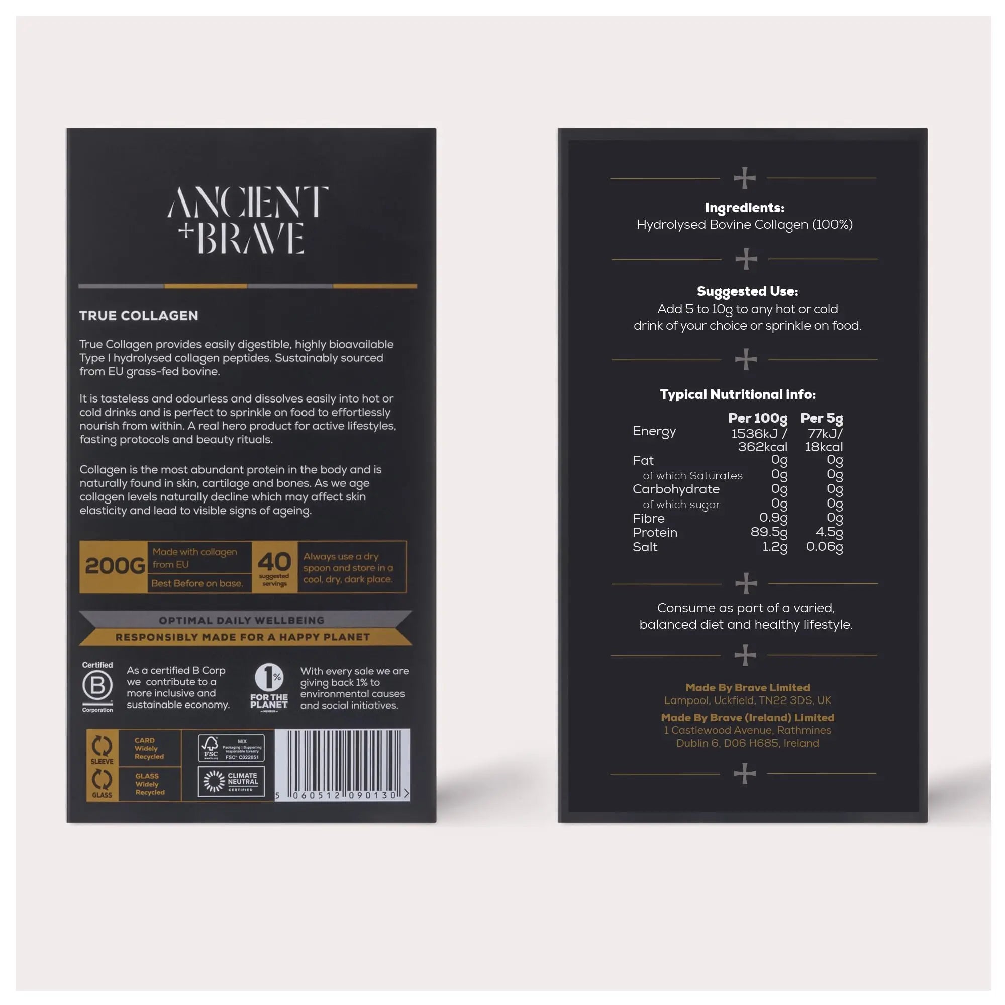 Ancient + Brave True Collagen 200g - Grass-Fed Bovine Collagen Powder - 100% Hydrolysed Collagen Peptides Ancient + Brave